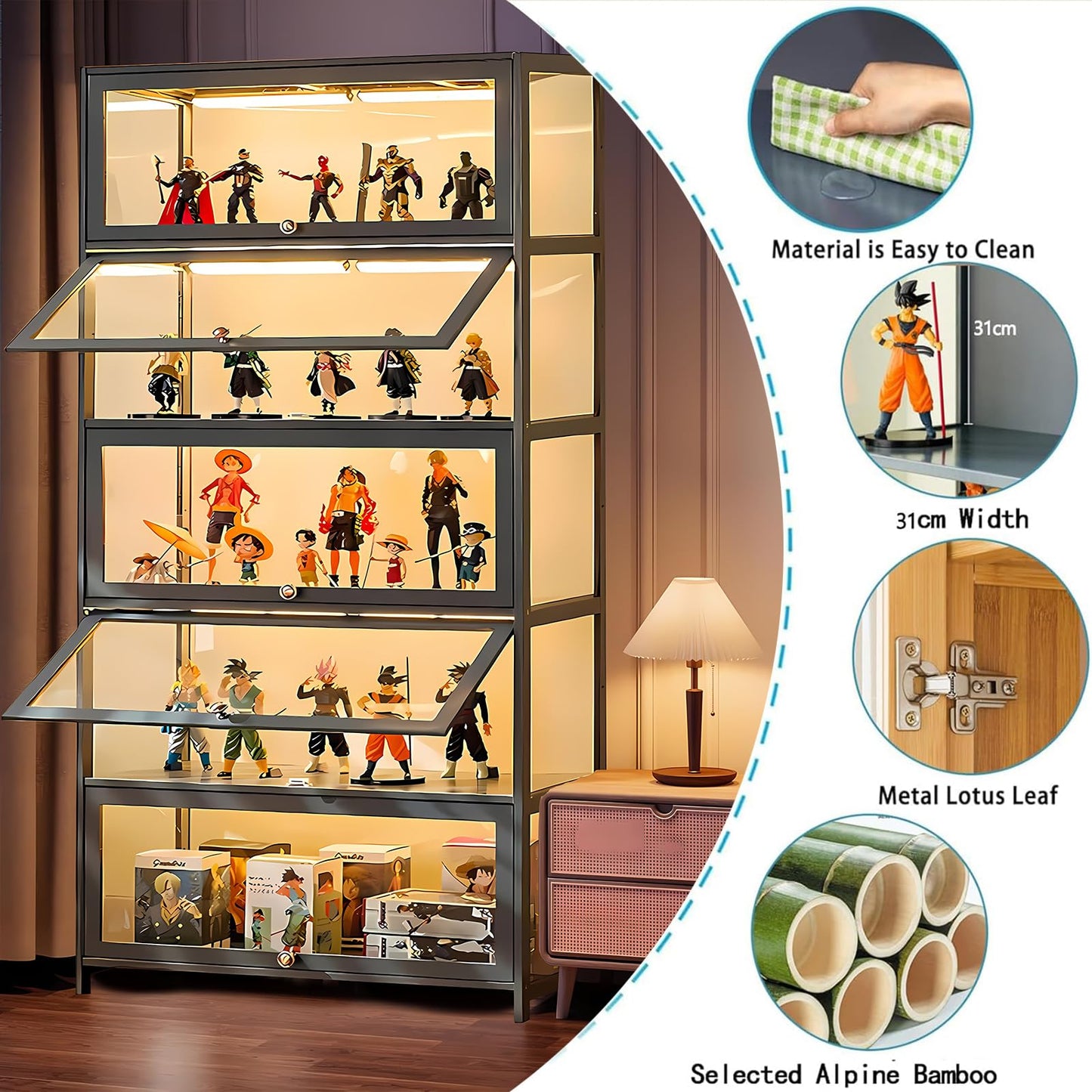 JOIHGA 5 Tier Display Cabinet with Acrylic Glass Doors, 68" Curio Display Cabinet with Adjustable Shelves, Large Capacity Storage Cabinet Collectibles Toy Organizers Rack & Display Shelf for Playroom