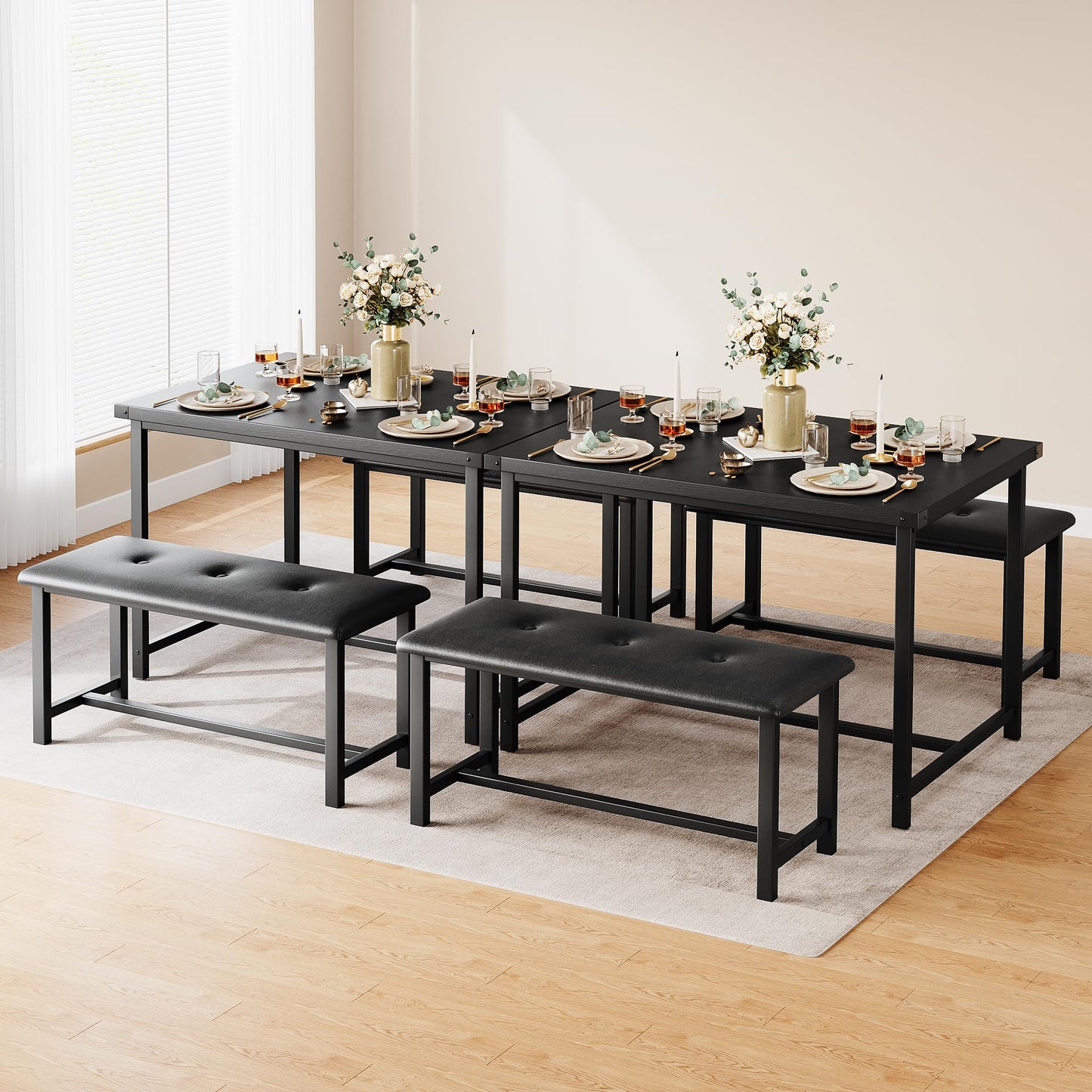 IDEALHOUSE Dining Table Set for 4, Kitchen Table with Upholstered Bench, 3 Piece Rectangular Dining Room Table Set with 2 Benches, for Small Space, Apartment, Studio, Home, Retro Black