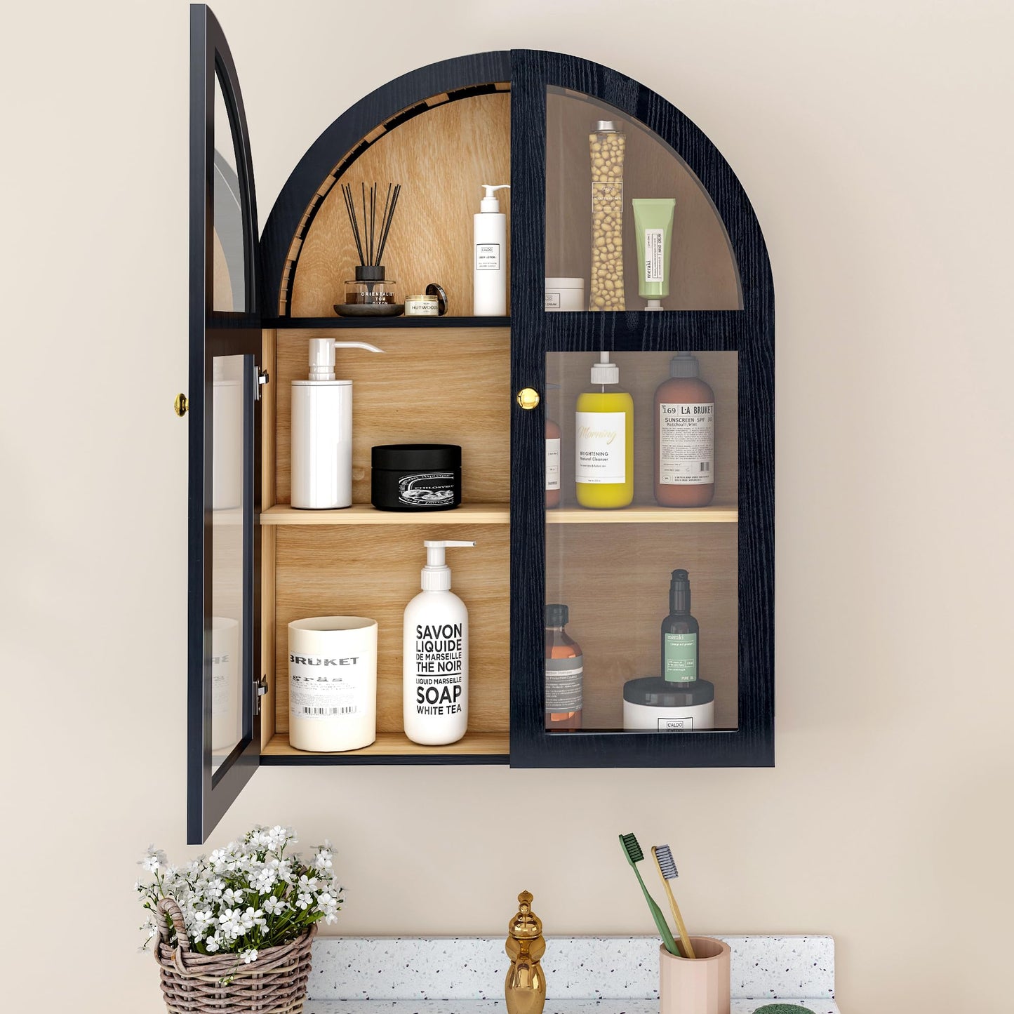 Bathroom Medicine Cabinet Wall Mounted, Arched Wall Cabinet with Adjustable Shelf & Acrylic Doors, Floating Cabinet for Wall Over The Toilet Storage Cabinet Space Saver for Kitchen, Black