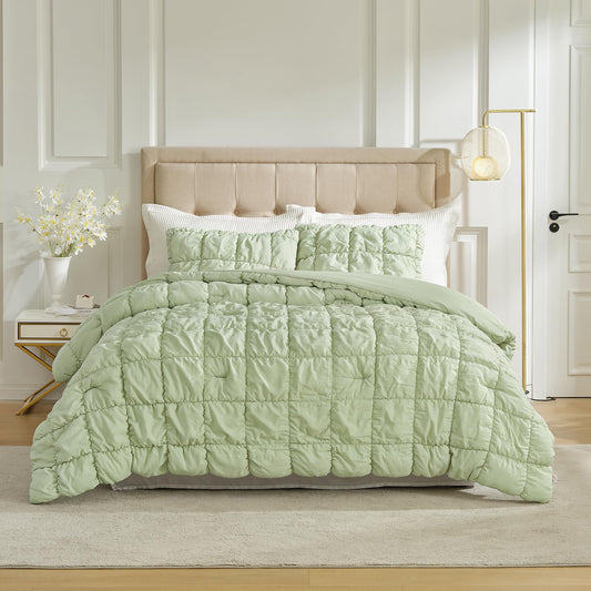Amélie Home Sage Green Comforter Set Queen, Bubble Lightweight Bed Set Queen Size for All Seasons, 3 Pieces, Bedding Set with Comforters and Pillow Cases
