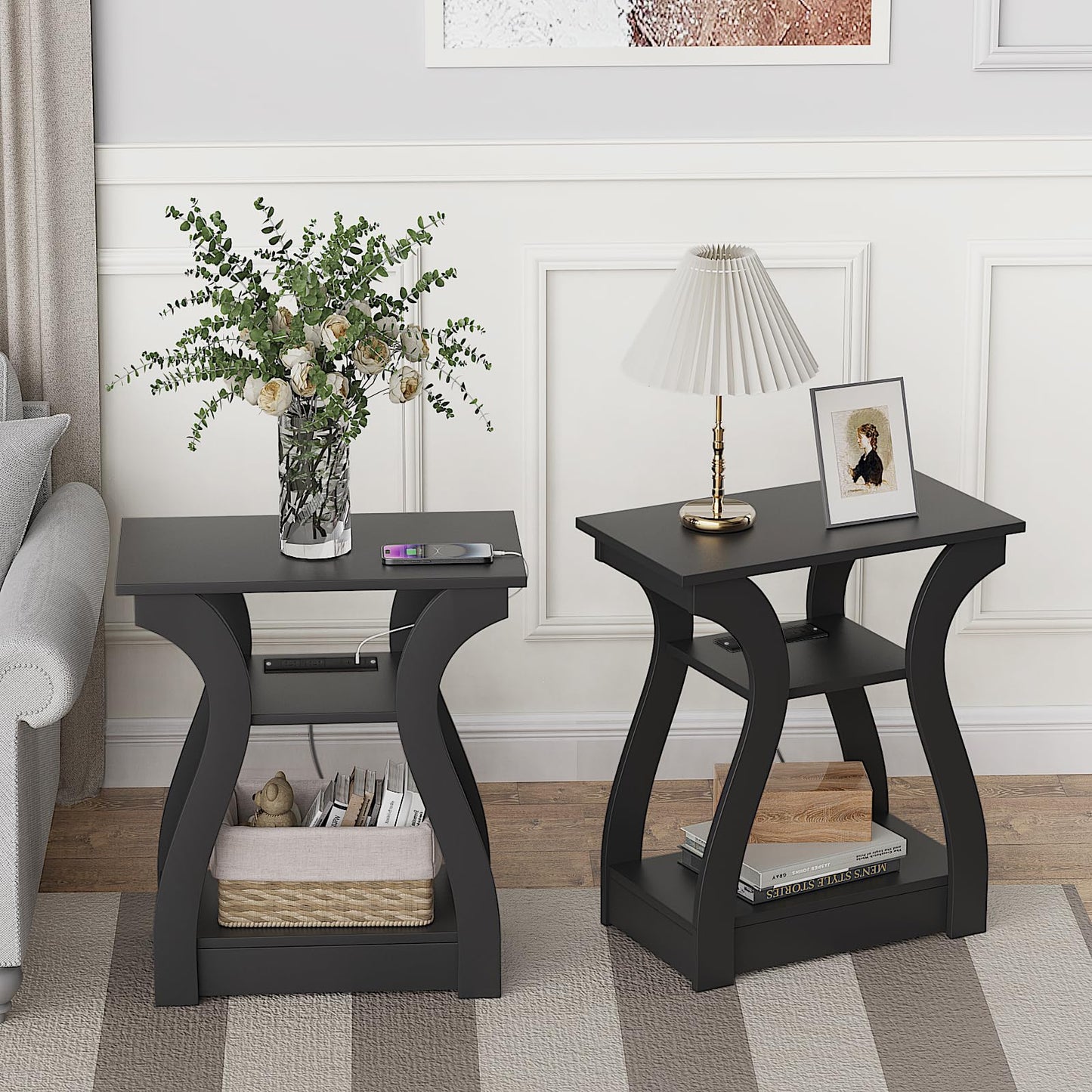 FROMJBEST Black End Table Set of 2 with Charging Station, Side Table with USB Ports and Outlets, Black Nightstand, 3 Tier End Table with Storage Shelf for Living Room, Bedroom