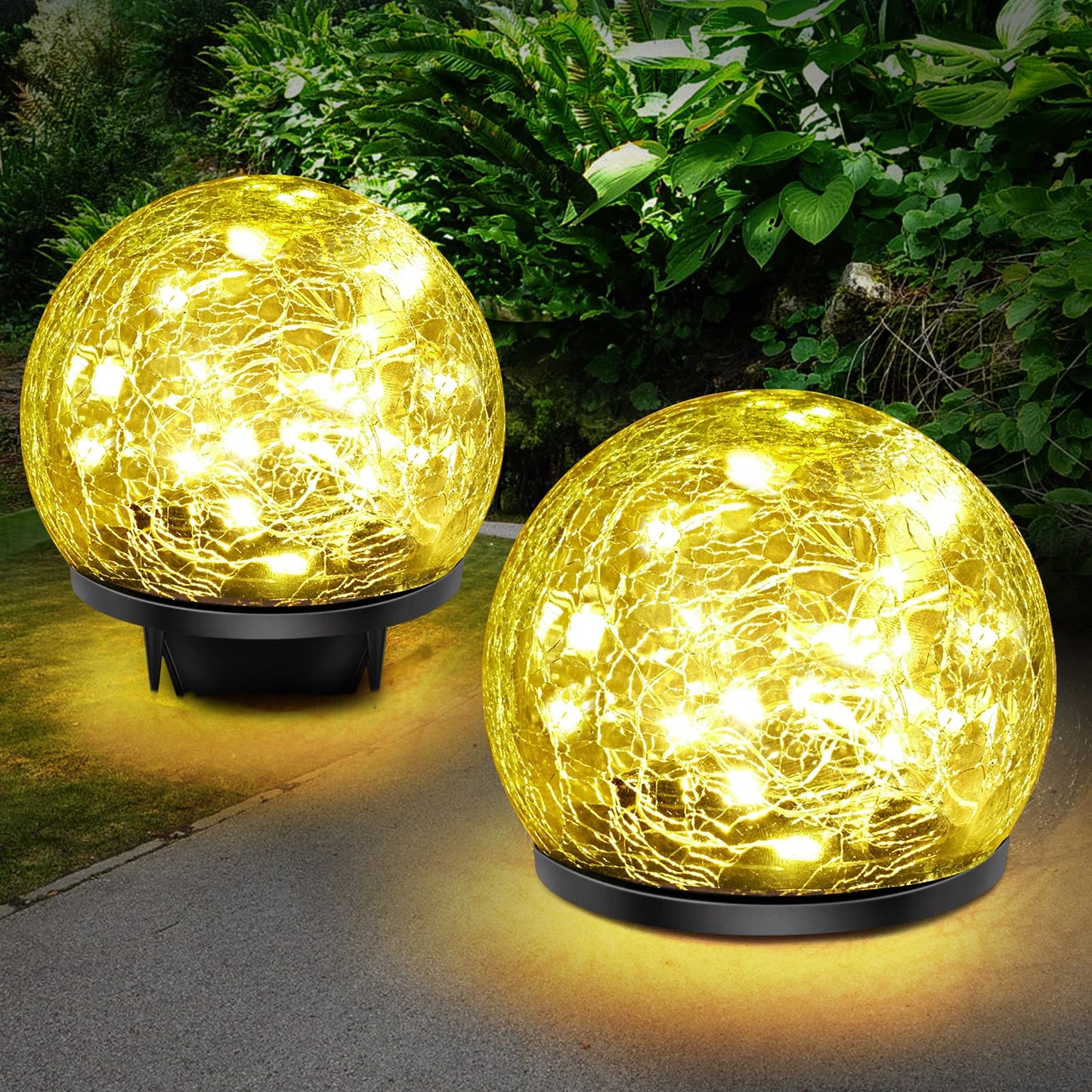 Keevvon 2 Pack 60 LED Solar Garden Lights Outdoor Decoration, Cracked Glass Solar Globe Lights, Upgraded Waterproof Warm White Ball Lights for Yard Pathway Patio Halloween Christmas Outside Decor