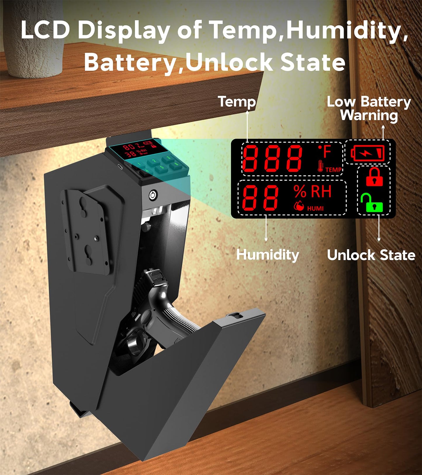 QINGENO Quick-Access Mounted Nightstand Handgun Gun Safe,Auto Open Lid Smart Pistol Safe with Keypad Lock/Key Lock (QG8002E Keypad)