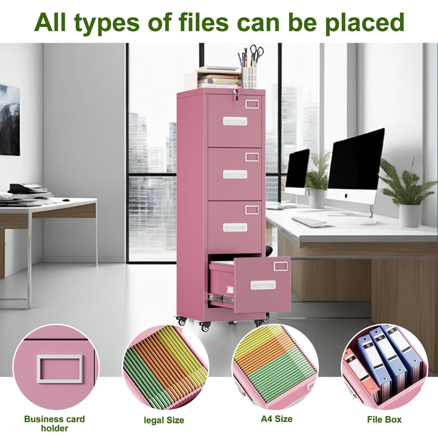 Aobabo File Cabinet 4 Drawer with Wheels, Lockable Office Metal Filing Cabinet with Name Card for Office and Home,Assembly Required,Pink