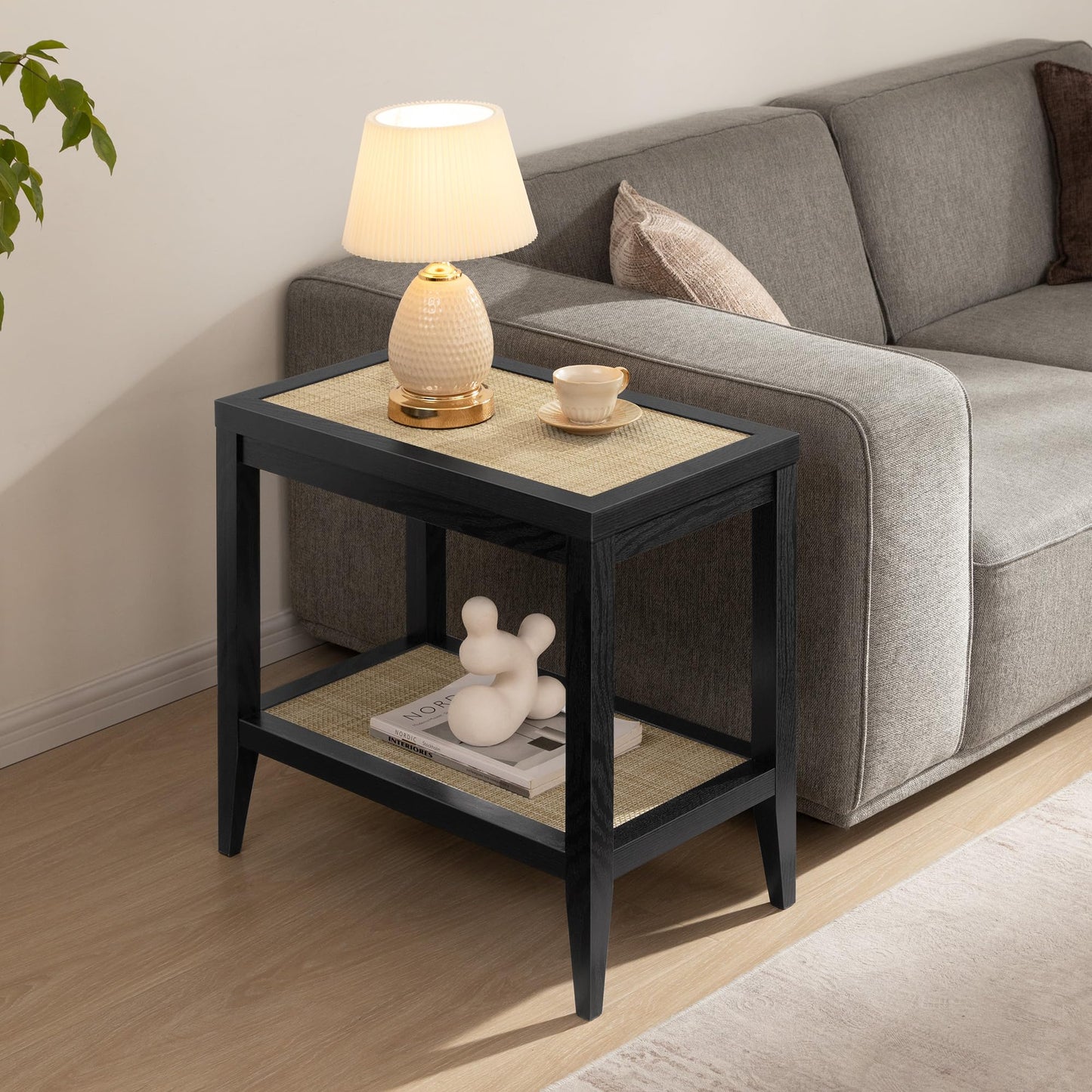 SICOTAS Rattan Nightstands Set of 2 - Boho Shelf Bedside Tables Narrow End Table Living Room Set of 2 Side Table with Rattan Storage Shelves for Small Space - Black Oak