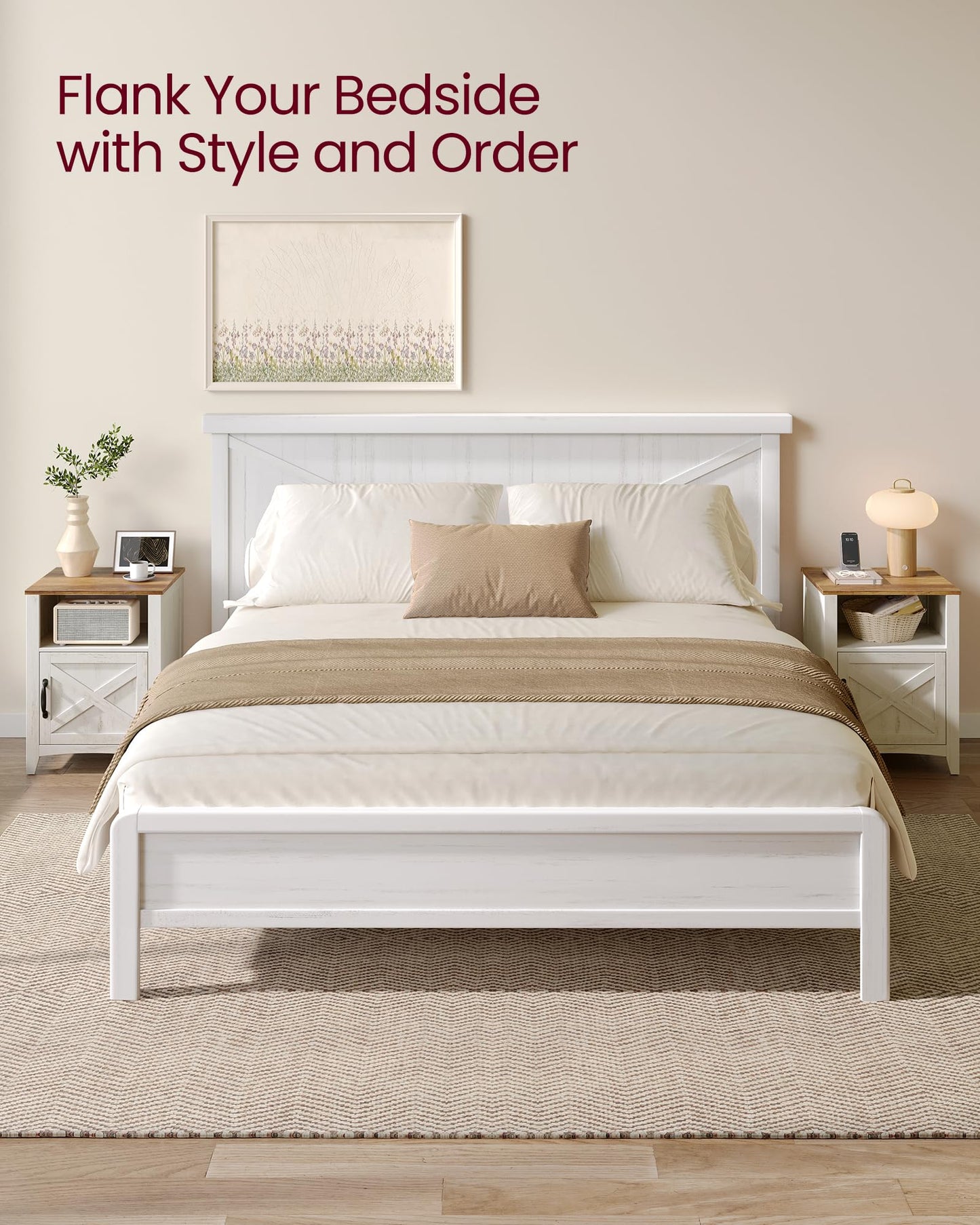 VASAGLE LIRY Collection - Farmhouse Nightstand with Barn Door, Set of 2, Bedside Table with Storage, Side End Table, Night Stand, Open Compartment, for Bedroom, Rustic White and Honey Brown ULET809K41