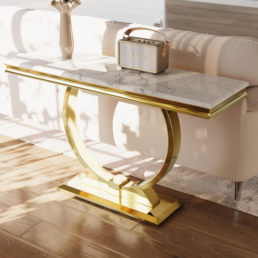 Asday Gold Console Table, 50 Inch Glam White and Gold Entryway Table with U-Shaped Base, Polished Gold Entrance Table with White Top for Entryway, Hallway, Foyer