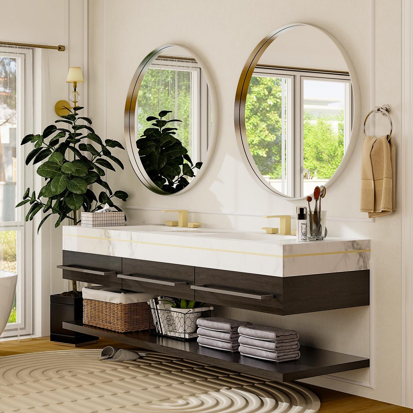 Easly 30 Inch Round Bathroom Mirror - Wall Mounted Circle Mirror with Metal Frame, Modern Mirror Suitable for Bathroom, Vanity, Entryway, Living Room, Wall Decor，Silver