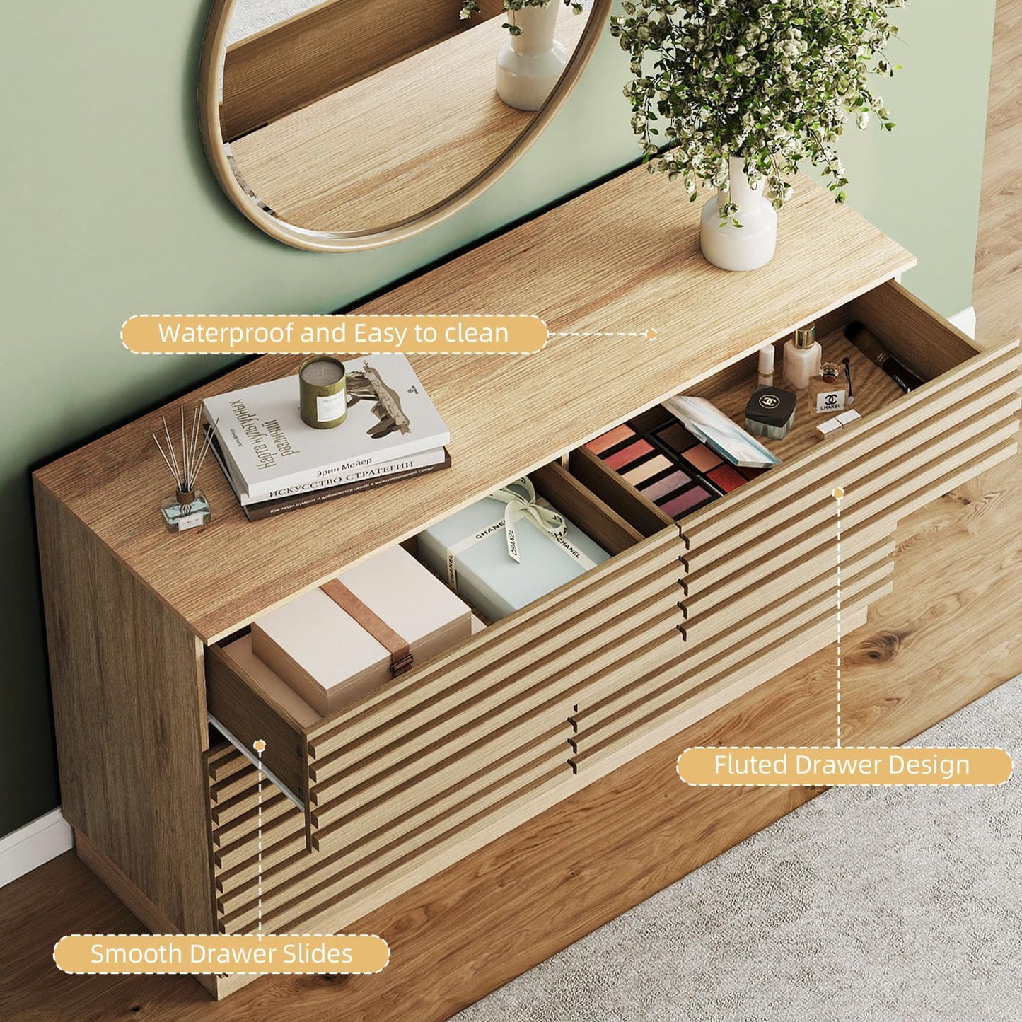 BREEZEHEAT Fluted Dresser for Bedroom–6 Drawer Wide Chest of Drawers, Modern Wood Farmhouse Dresser TV Stand, Closet Storage Cabinet for Living Room, Hallway, Natural Oak Finish, 47” Wide