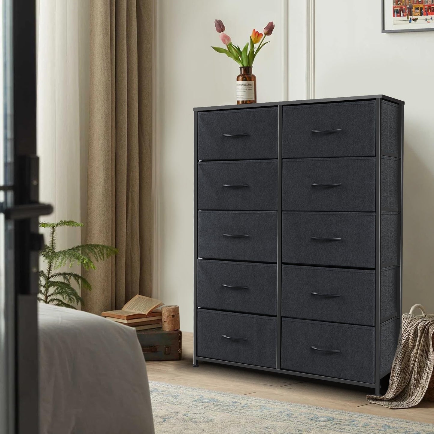 Sonharlar Dresser for Bedroom with 10 Drawers, Chest of Drawers, Storage Drawers Organizer Unit, Black Wide Fabric Dresser with Fabric Bins for Closet, Living Room, Entryway (Black and Charcoal Black)