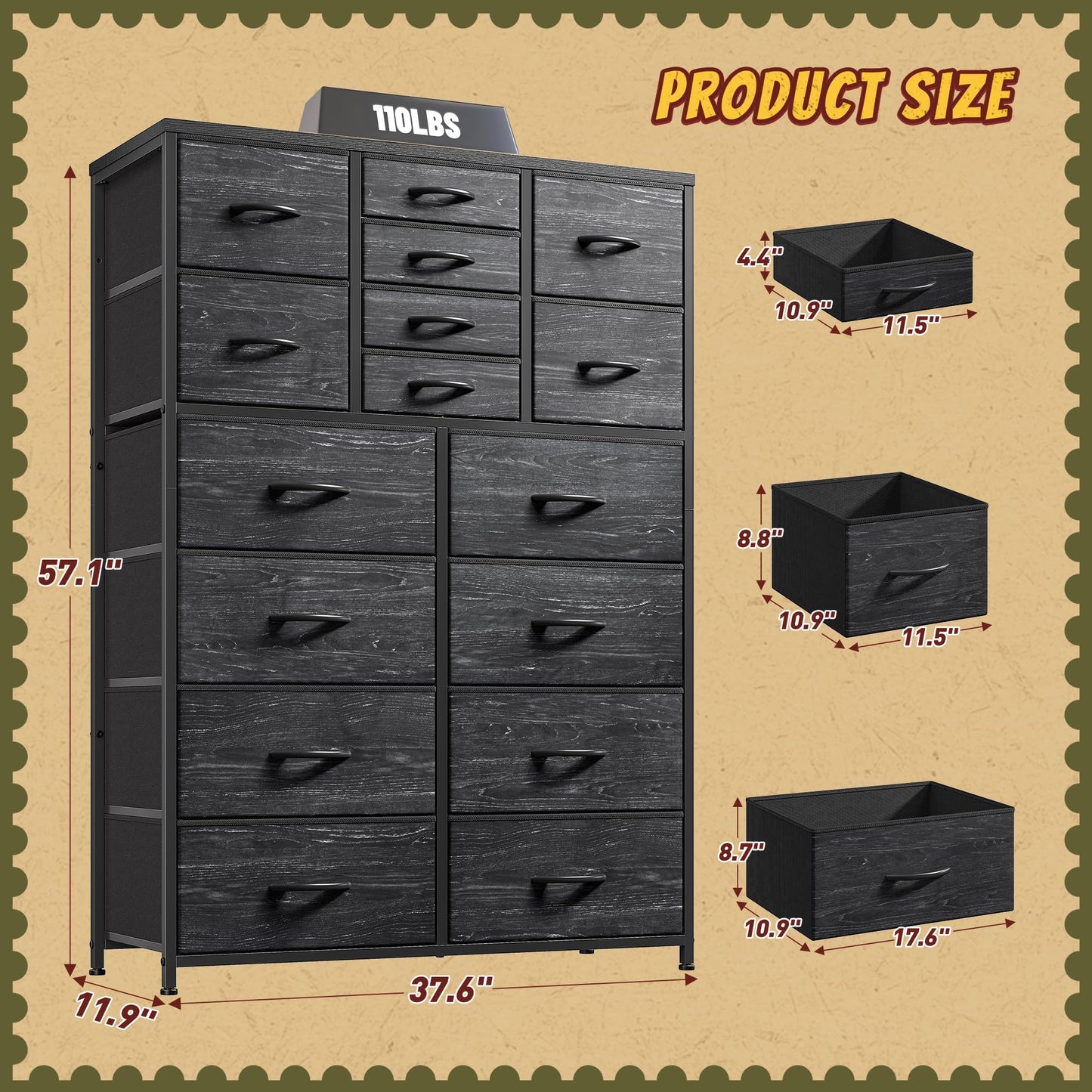 Romorgniz 57“H Tall Dresser for Bedroom with 16 Drawers,Fabric Dressers & chests of Drawers for Closet,Large Black Dresser with Sturdy Metal Frame, Wood Top,Entryway, Hallway