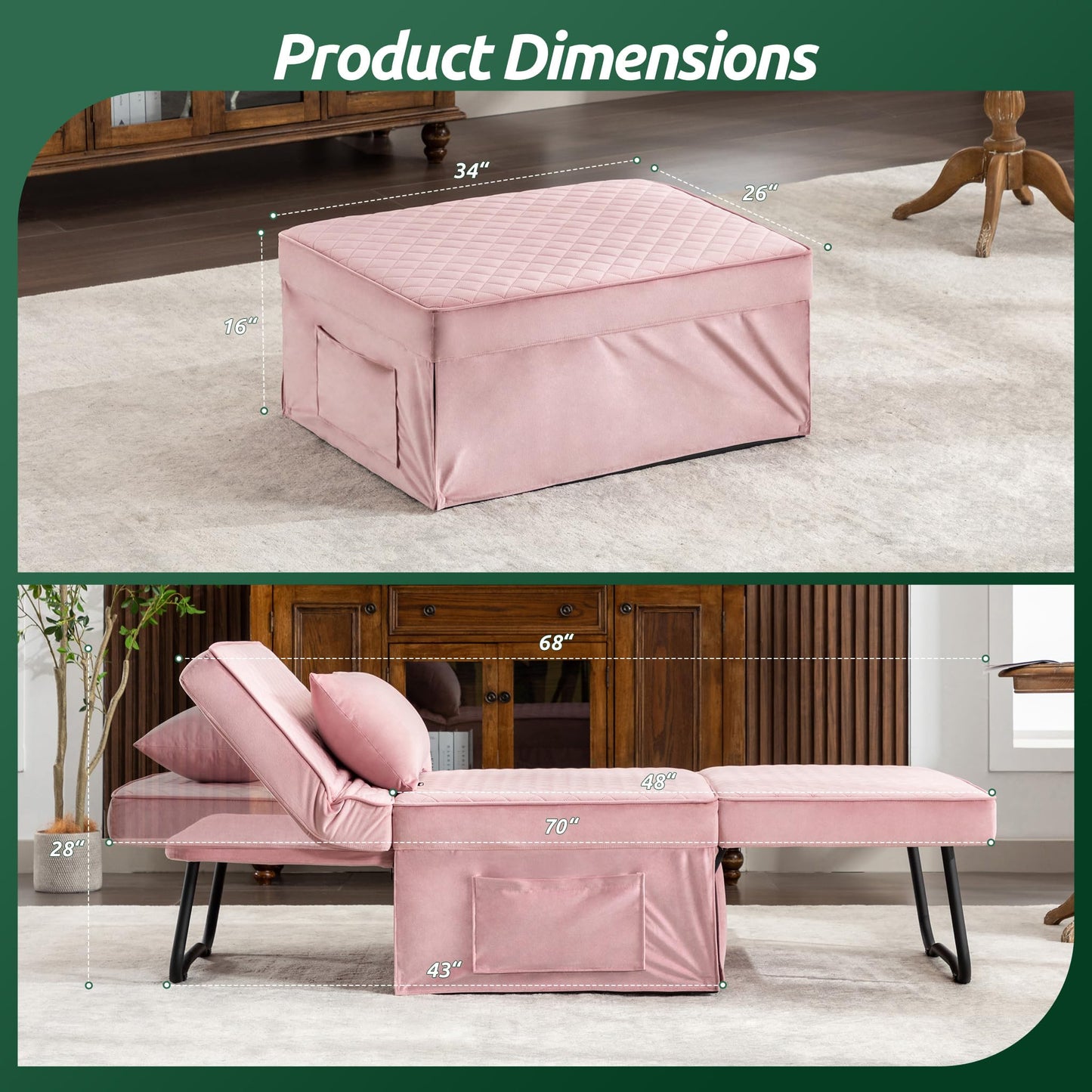 BIGSYY Sofa Bed, 4 in 1 Multi-Function Folding Ottoman Breathable Velvet Couch Bed with Adjustable Backrest Modern Convertible Chair for Living Room Apartment Office,Squared-Pink