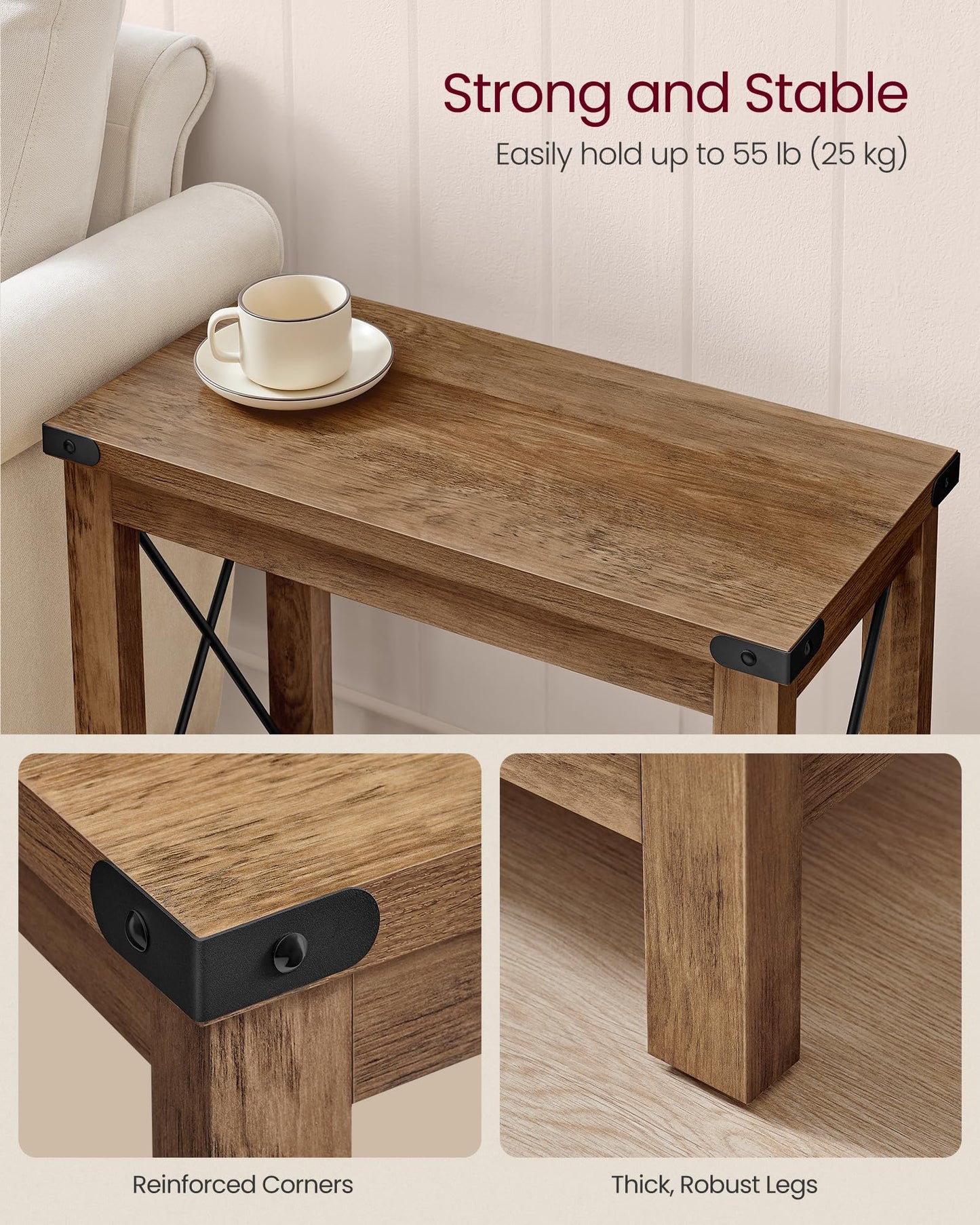 VASAGLE 2-Tier End Table, Side Table with Bottom Shelf, Nightstand for Small Spaces, for Living Room, Bedroom, Farmhouse Style, Honey Brown ULET235K41