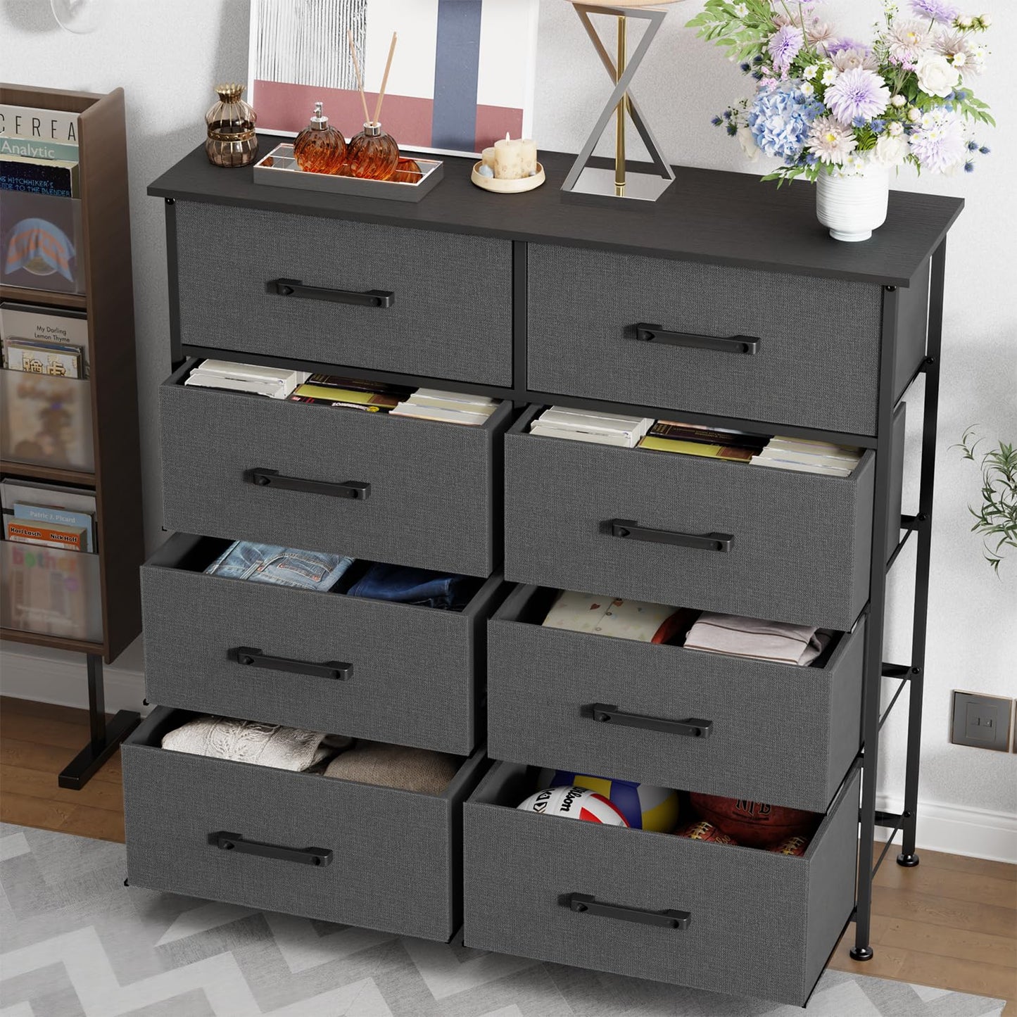 FDW 8-Drawer Fabric Dresser for Bedroom,Closet Dresser with Metal Frame and Wooden Top Tall Storage Tower for Closet,Living Room and Entryway,Grey