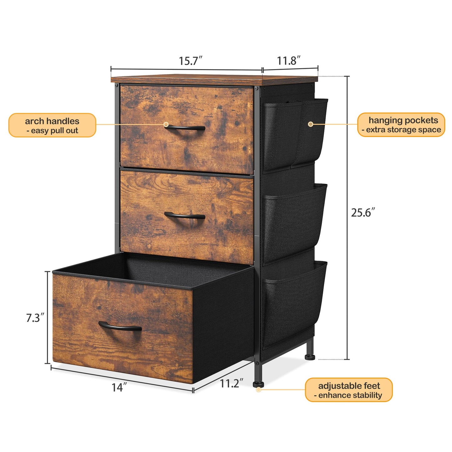 Night Stand Set 2, Night Stand with 3 Drawers for Bedroom, Bedside Table with Wooden Top, Sturdy Steel Frame End Table, Small Dresser for Bedroom, Entryway, Rustic Brown