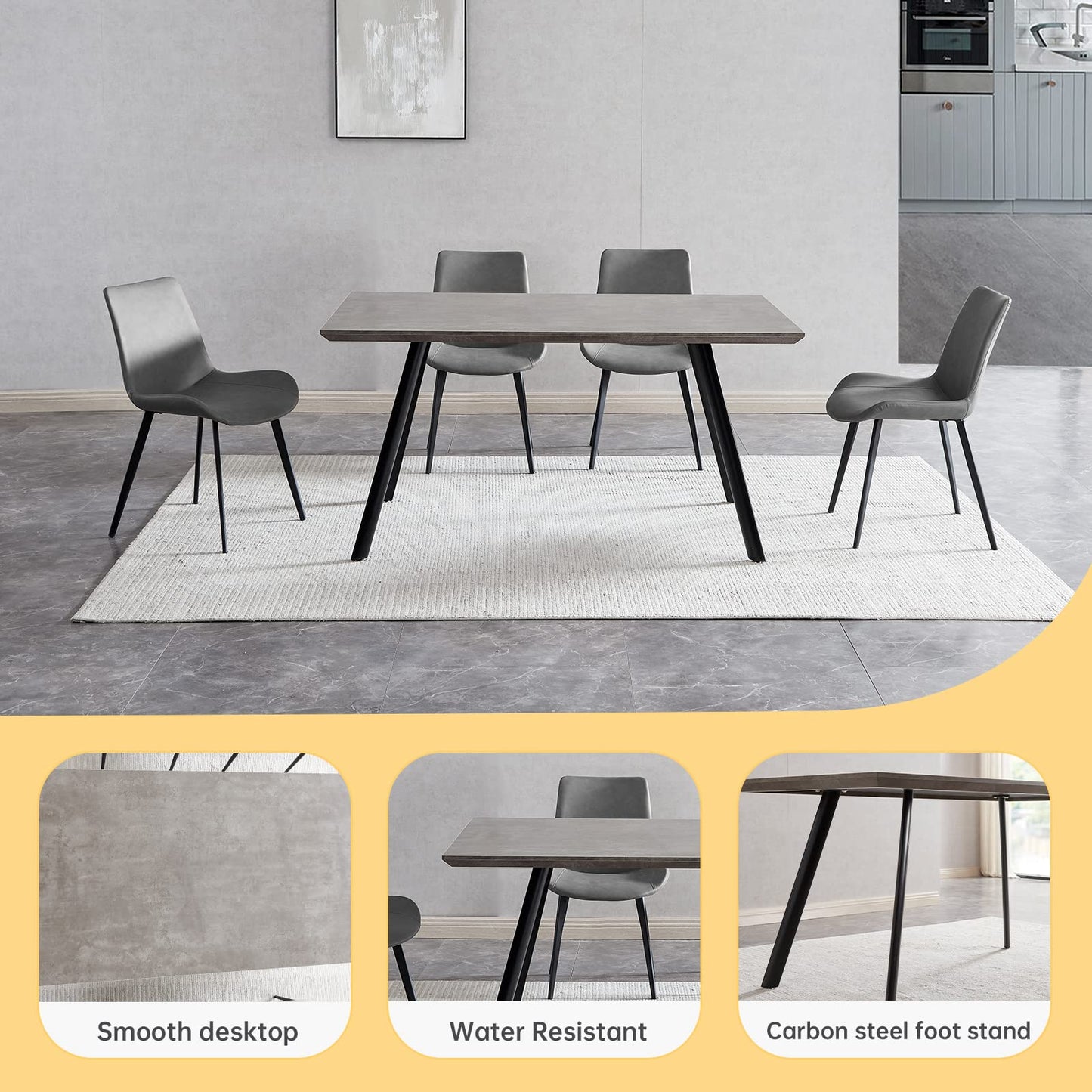 ZckyCine Modern 5-Piece Dining Table Set Rectangular Wood Table with 4 Upholstered Leather Chairs, Seats 4