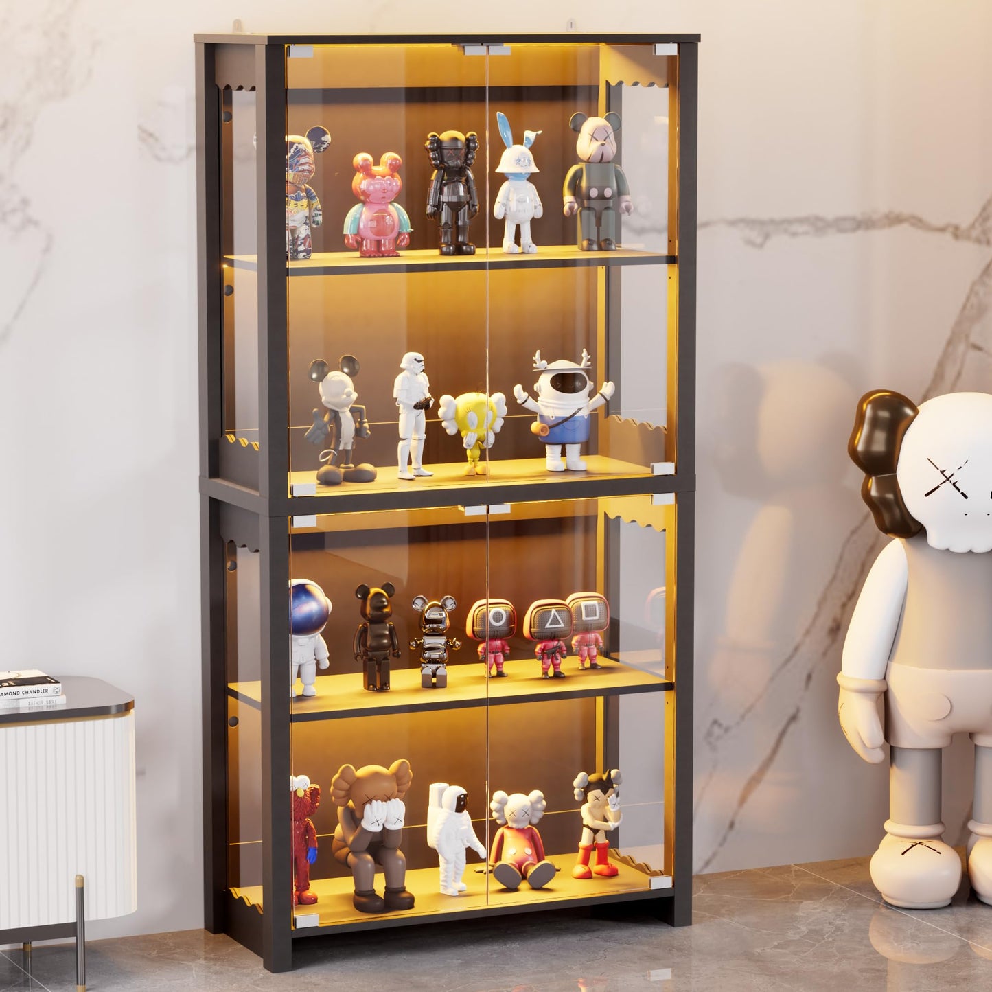 TEROL Display Cabinet with Glass Doors, 63” 4-Tier Wood Display Case with RGB Lights for Collectibles, Tall Curio Cabinet Anti-Tipping with Adjustable Shelves, Storage Cabinets for Living Room, Study