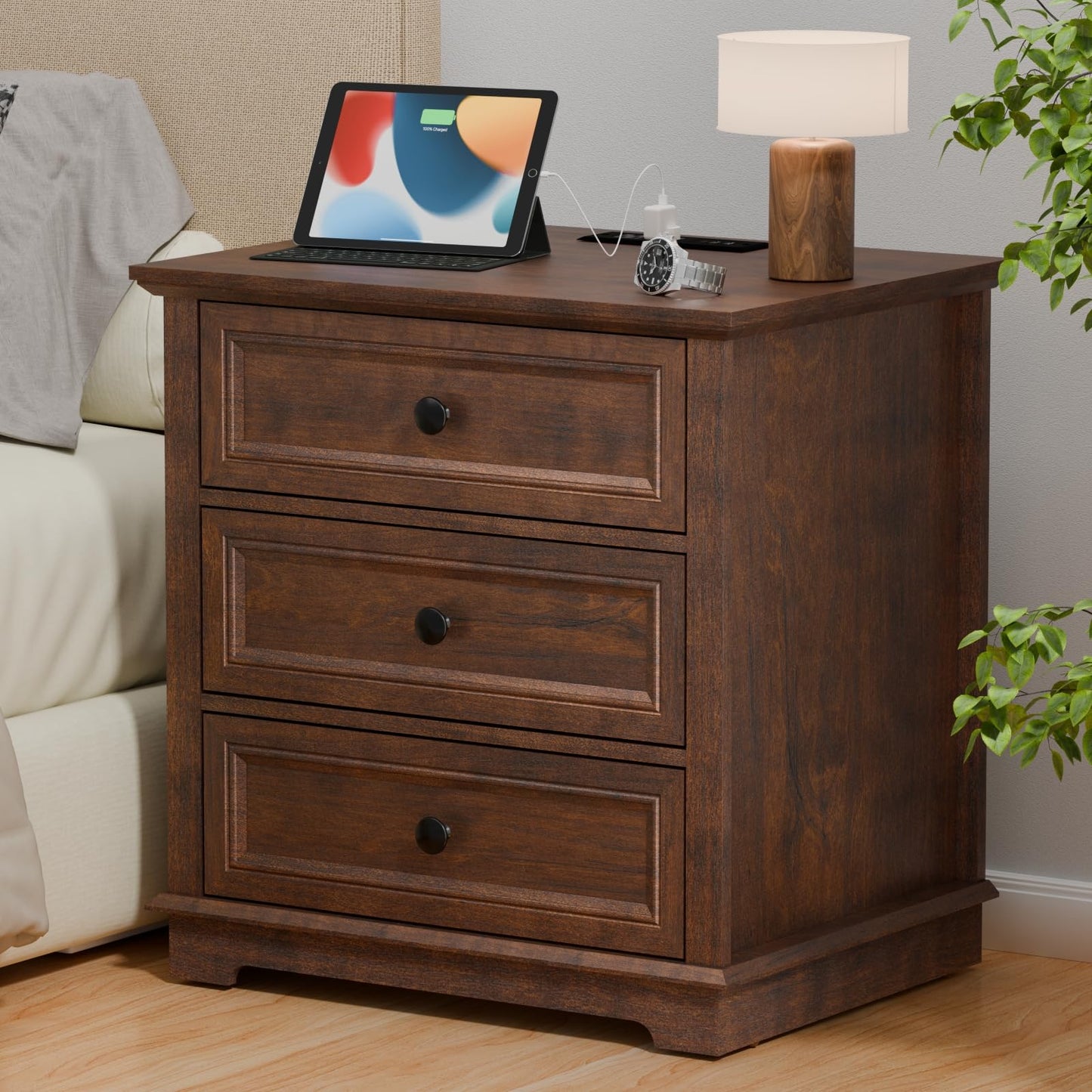 Nightstand with Charging Station, 24” Wide End Table with 3 Drawers, Modern Bedside Table with Storage, Wood Small Dresser for Bedroom Living Room. (Cherry)