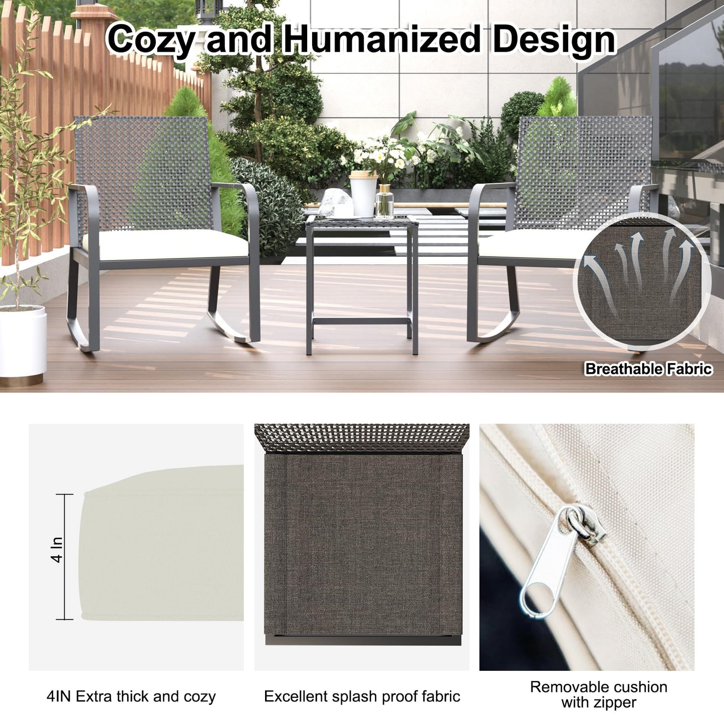 HLNPTN 3 Pieces Patio Furniture Set, Outdoor Rocking Bistro Set, Textilene Fabric Small Patio Front Porch Furniture Rocker Chairs Set of 2 with Coffee Table for Backyard, Garden, Off-White