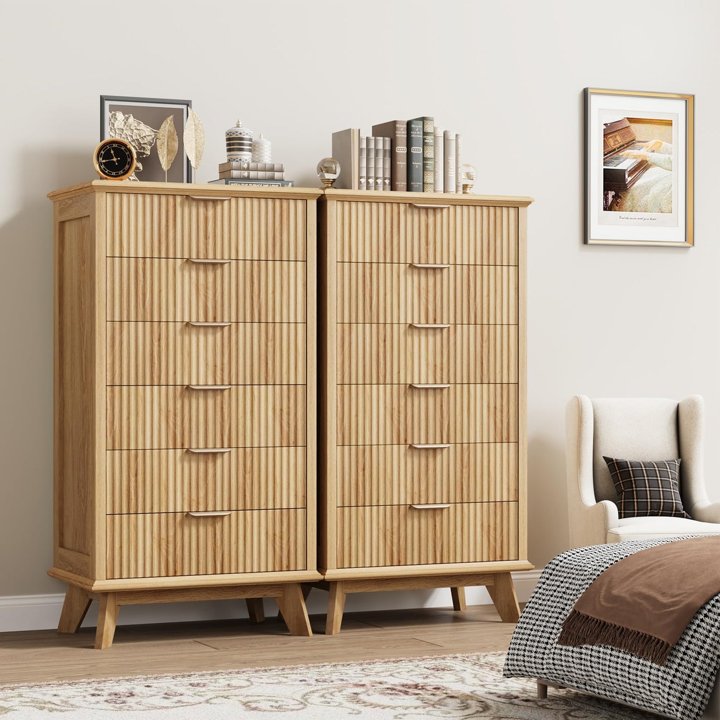 QUW Fluted 6 Drawer Dresser for Bedroom, Modern Tall Chest of Drawers with Metal Handle, Large Wood Storage Chest Organizer Accent Storage Cabinet for Living Room, Hallway, Entryway, Natural Oak