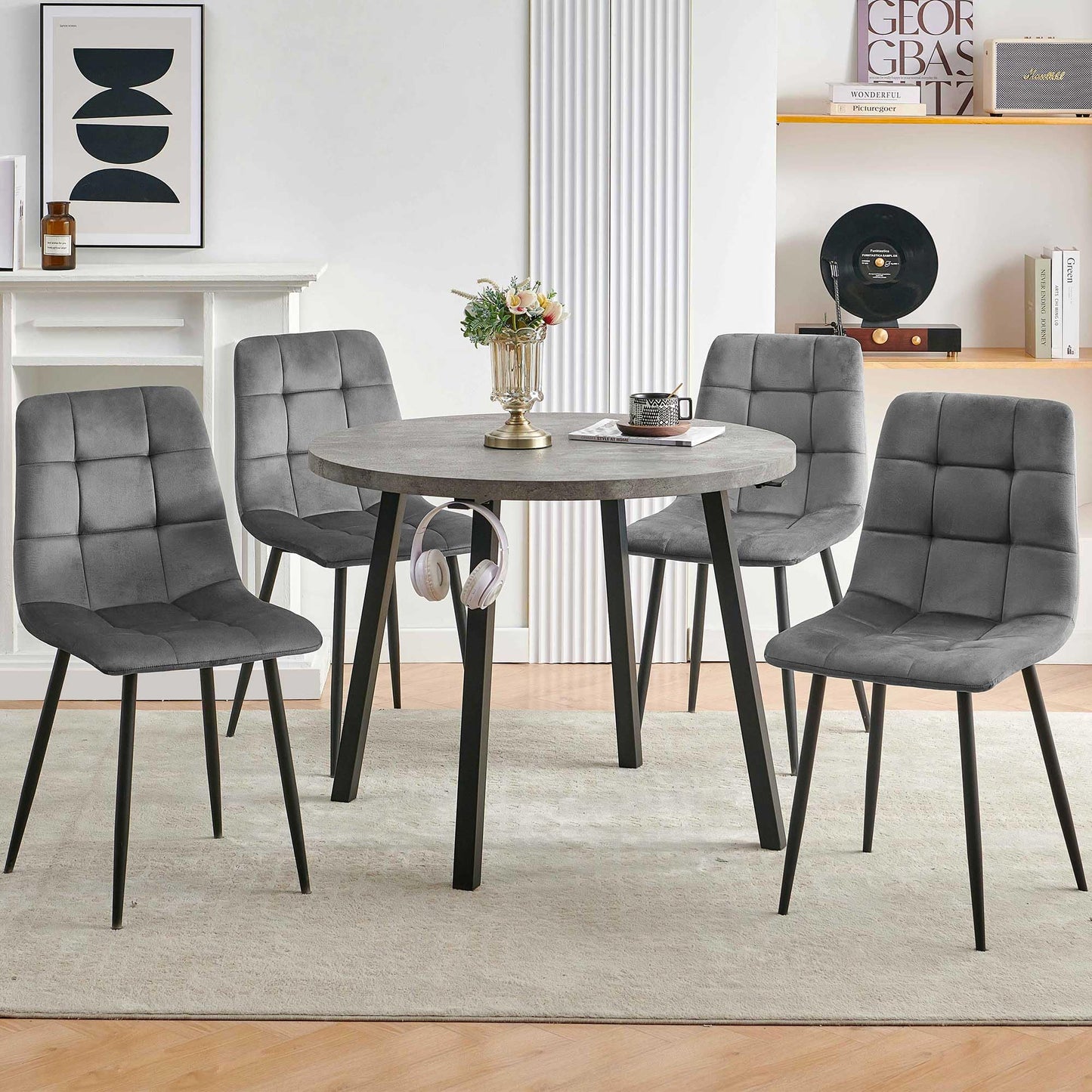 Homedot Kitchen Table and Chairs Set for 4, 37" Grey Round Dining Table with Hooks, Solid MDF Faux Wood Tabletop, Grey Velvet Dining Chairs Upholstered Side Chair with Back