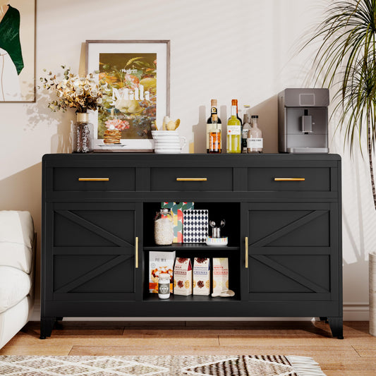 AUEYTVR Metal Sideboard Buffet Cabinet,Coffee Bar Cabinets with 2 Doors, 3 Drawers and an Open Storage Space,Buffet Table Wine Bar Cabinet for Dining Room, Living Room