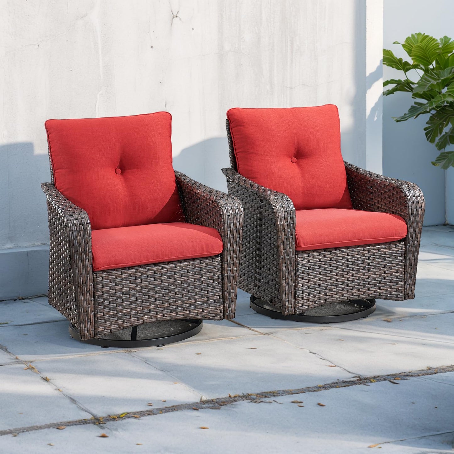 Rilyson Outdoor Patio Swivel Rocker Chairs - 2 PC Wicker Rattan Patio Rocker Glider Chair Set with High Back,Comfy Cushions and Deep Seating for Porch Deck Backyard Garden(Brown/Red)