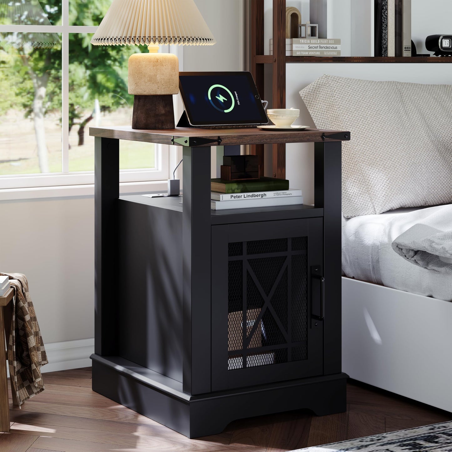 Night Stand with Charging Station Farmhouse End Table for Living Room, Black Nightstand for Bedroom Furniture, Storage Cabinet with Open Shelf, Wood Bed Side Tables for Living Room Couch or Sofa