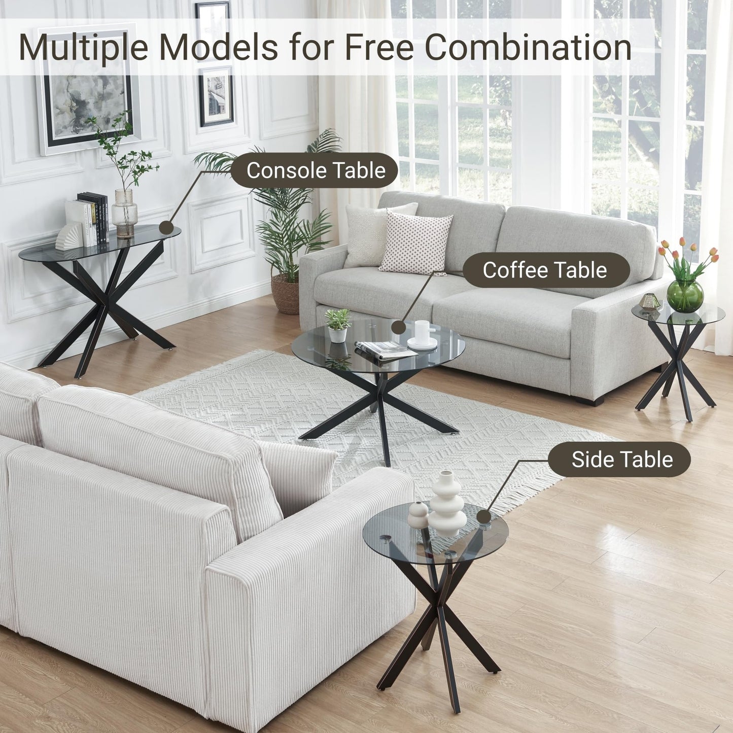 Round Glass Coffee Tables for Living Room, Home Office, Modern & Simple Center Table with Gray Tempered Glass Top, 35.5" Wx19.7 H Black