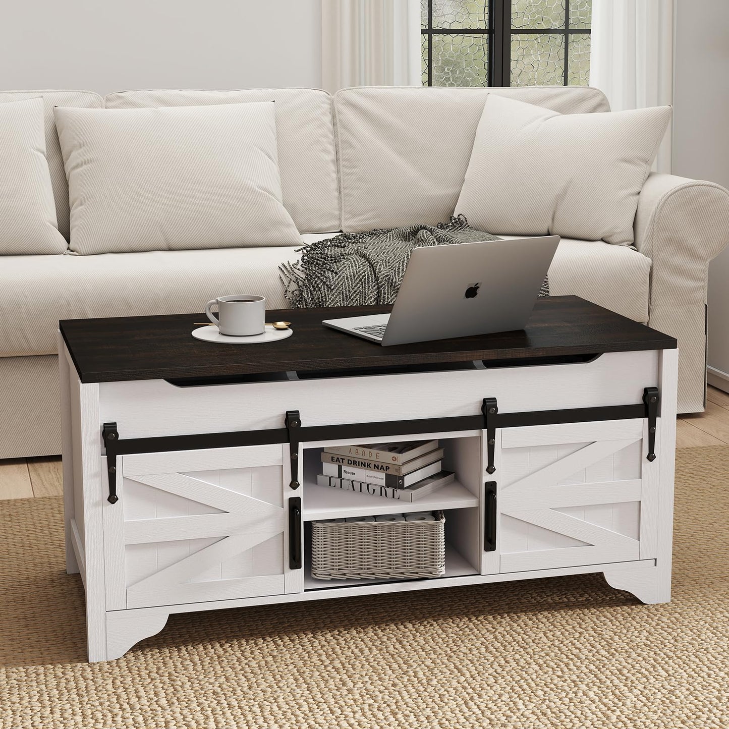 Kmax Lift Top Coffee Table, Farmhouse Coffee Table with Hidden Storage & Sliding Barn Door, Modern Rectangular Rustic White Living Room Center Table, Black Top