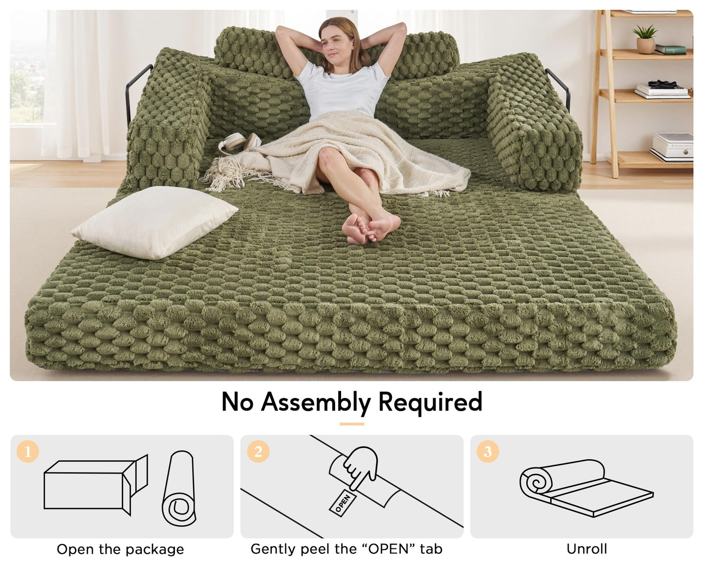 VanAcc Foldable Sofa Bed, Convertible Floor Sofa with Plush Faux Fur, No Assembly Mattress Couch for Living Room, Apartment, Bedroom, Green