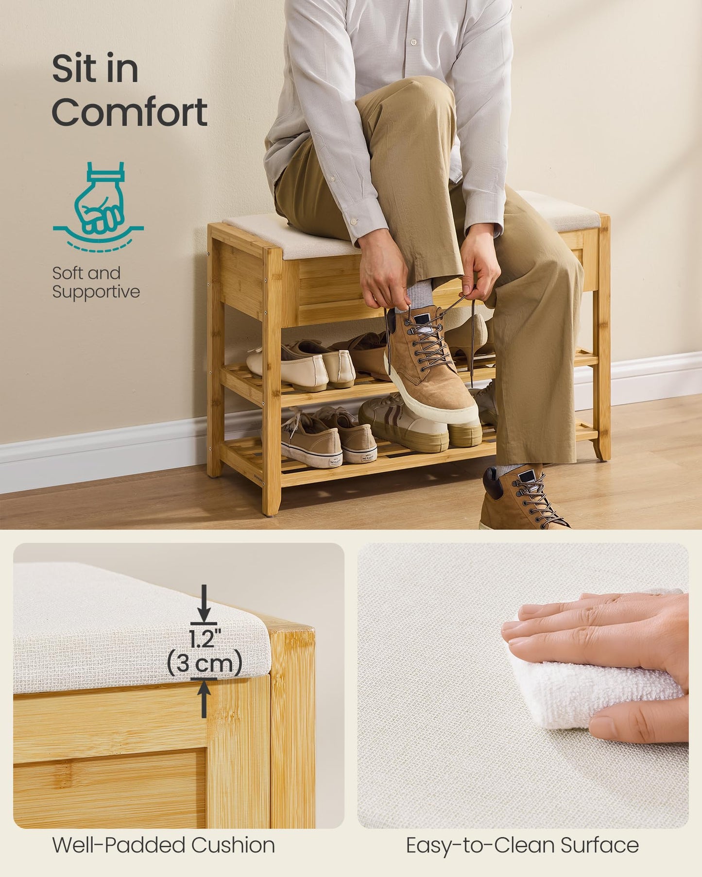SONGMICS Storage Bench, Bamboo Shoe Rack, Entryway Furniture, 31.5 Inches Wide, Hidden Storage Compartments, 2-Tier Shoe Shelves, for Entryway, Living Room, Bedroom, Dorm, Natural Beige ULSB056N01