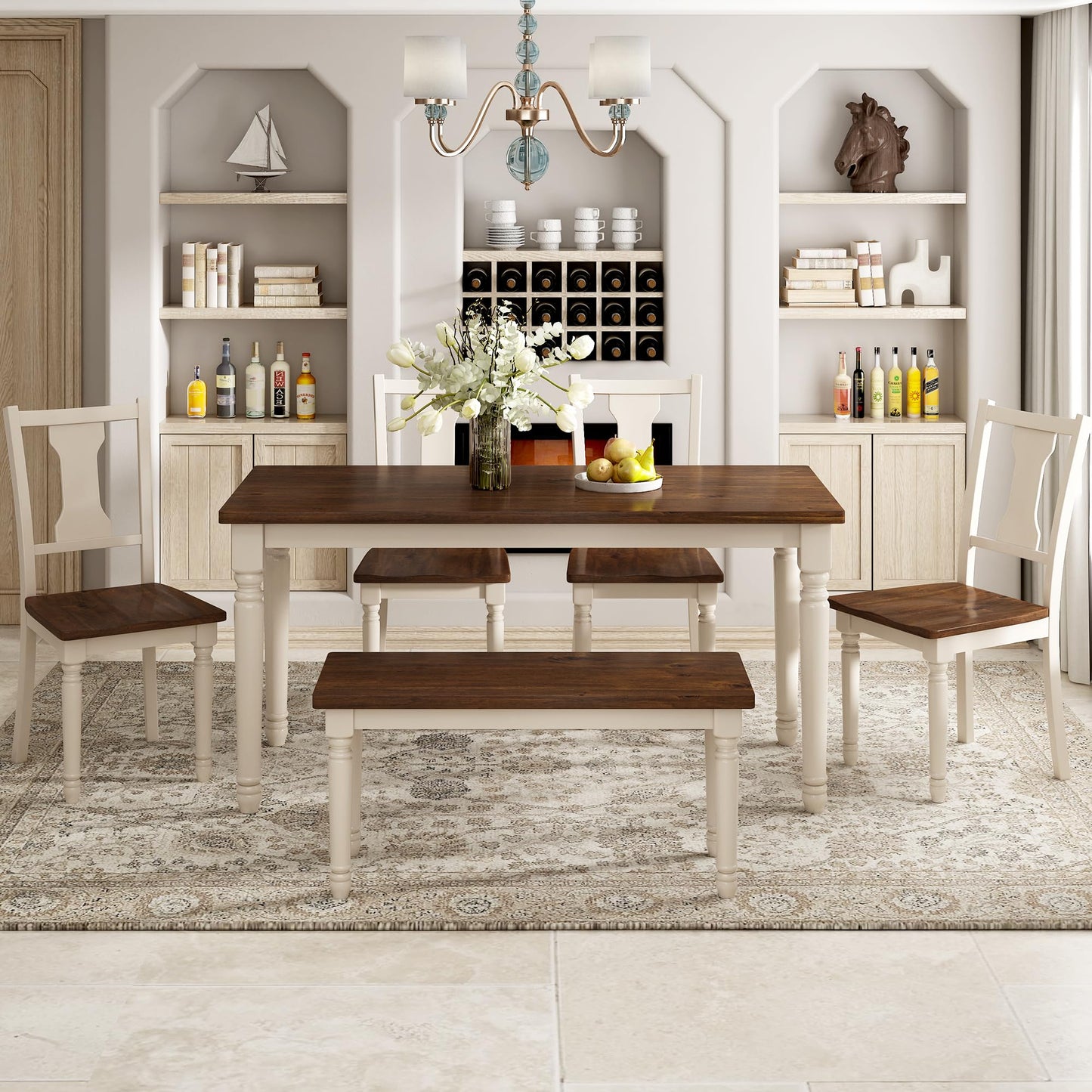 LUMISOL 60" Dining Table Set with Bench Includes Rectangular Dining Table, 4 Chairs & Bench, Farmhouse Style, Brown+Cottage White