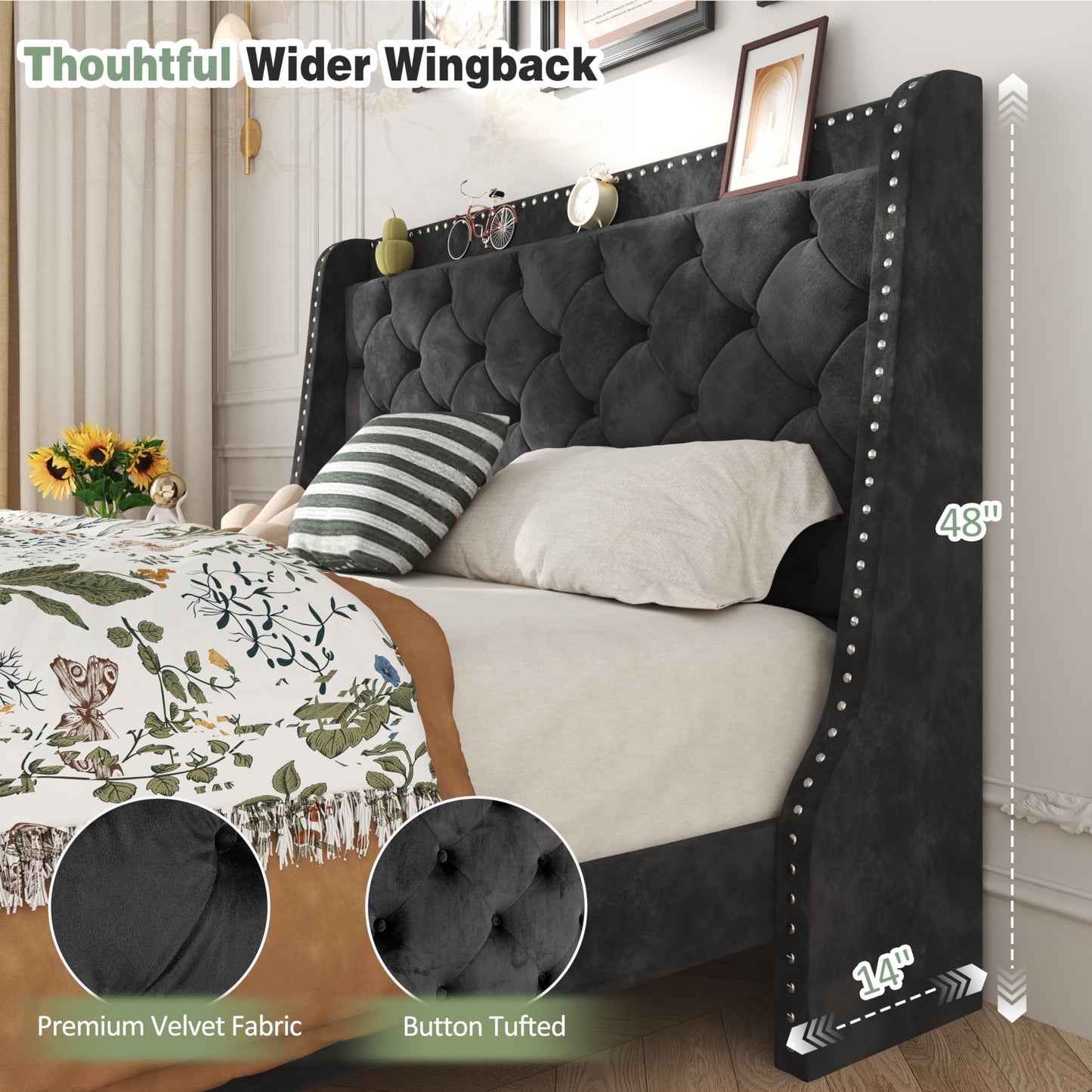 SUNLEI Queen Size Bed Frame with Diamond Tufted Headboard and Storage, Upholstered Platform Bed Frame Queen with 2 Large Wingbacks, Sturdy Wooden Slats Support, Easy Assembly, Velvet Black