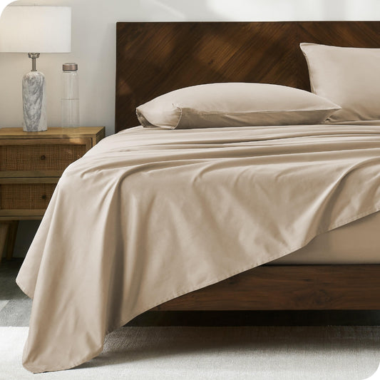 Bare Home 100% Organic Cotton Twin XL Sheet Set - Crisp Percale Weave - Lightweight & Breathable - Bedding Sheets & Pillowcases (Twin XL, French Beige)