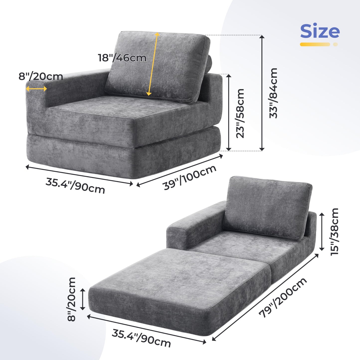 Jamdok 8 Inch Thick Upgraded Folding Mattress, L-Shaped Armrest Sleeper Chair Sofa, Floor Guest Bed, High Density Foam Couch,Gray (Right-Armrest)