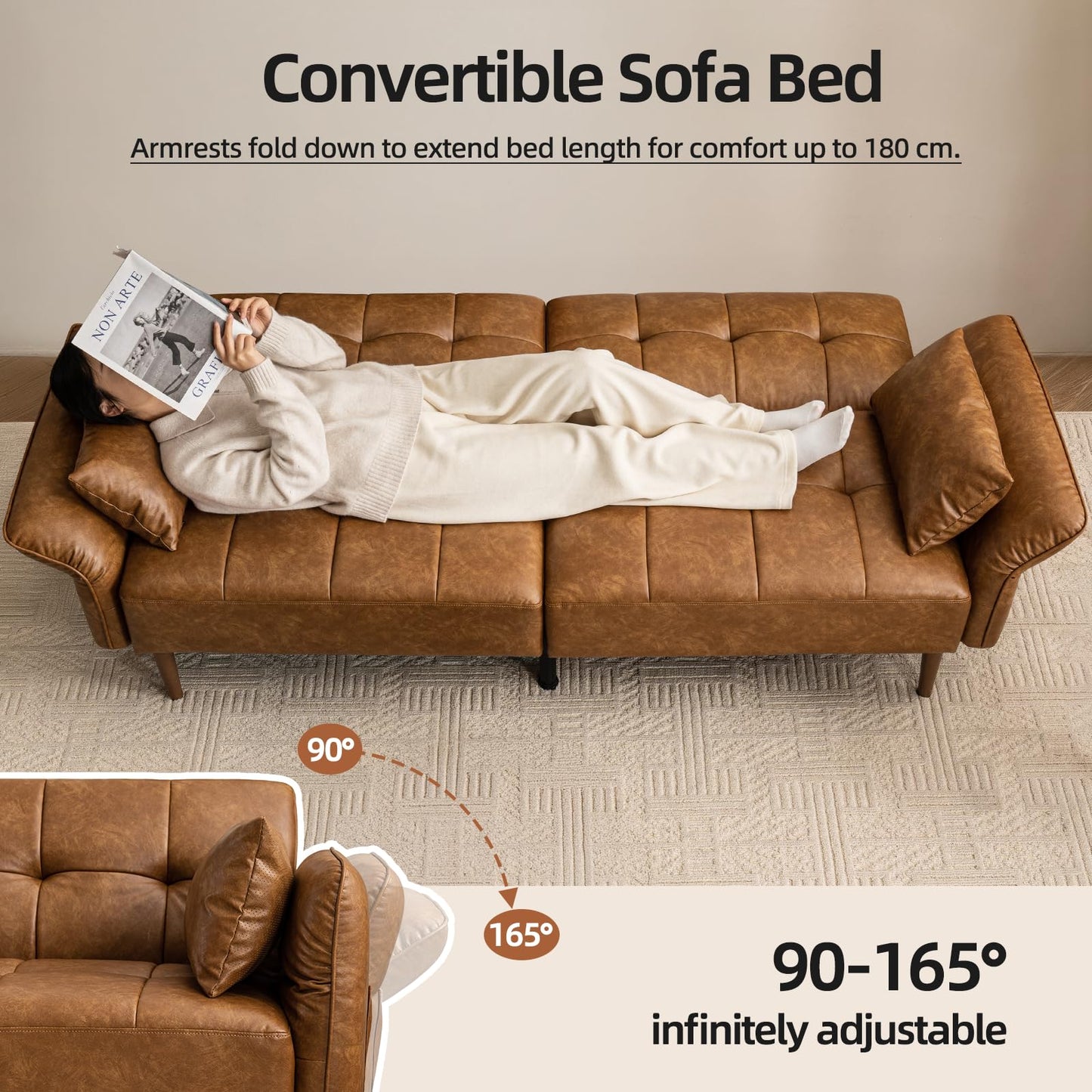HALLYBEE 85” Futon Sofa Bed, Sleeper Sofa, Small Couch with Storage Adjustable Armrests Pillows, Faux Leather Loveseat, Mid Century Modern Couches for Living Room, Bedroom, Apartment, Brown