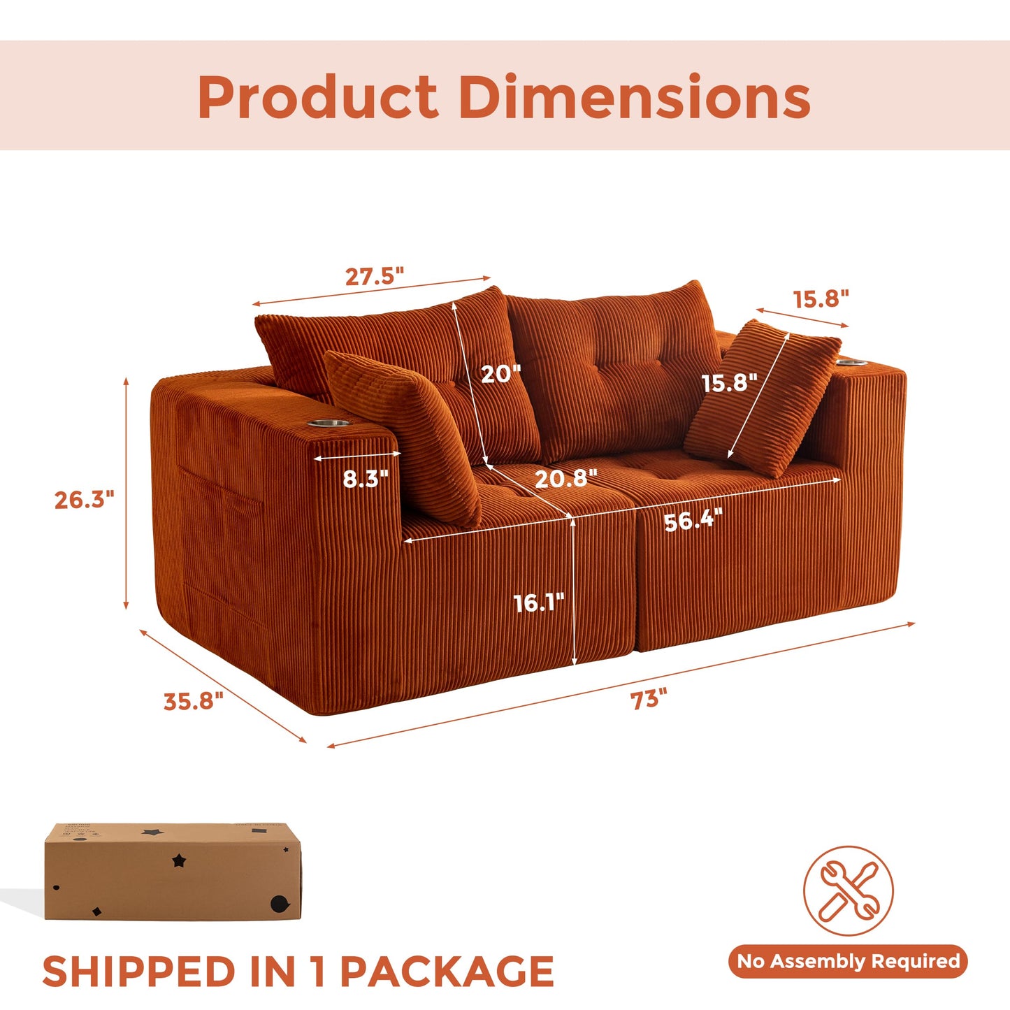 MAXYOYO Modular Sectional Sofa Couch, Loveseat Boneless Cloud Couch for Living Room, Sofa in A Box, Upholstered Cozy Chair with Tufted Craft, No Assembly Required, Orange