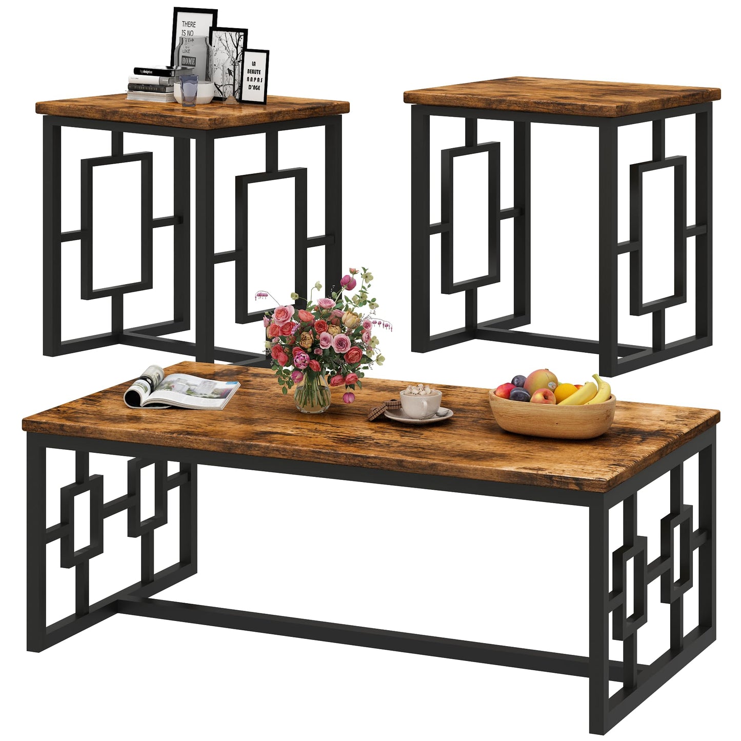 Recaceik Coffee Table Set, Coffee Table & Two End Side Table, Modern 3-Piece Living Room Table Set for Office, Living Room, Apartment, Small Space, Easy Assembly Furniture, Rustic Brown