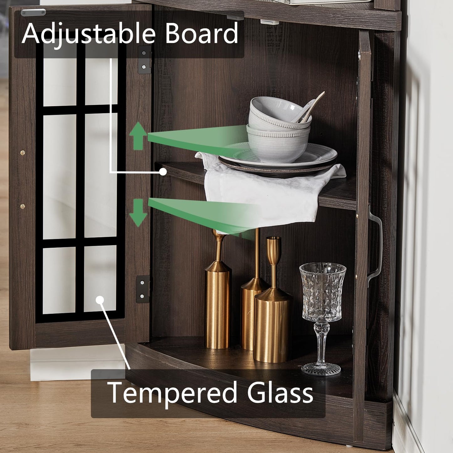 AMERLIFE Curved Corner Storage Cabinet, 65" Tall Freestanding Bookcase with Glass Doors & Adjustable Shelves, 5-Tier Corner Display Cabinet for Living Room, Bathroom, Laundry Room, Espresso