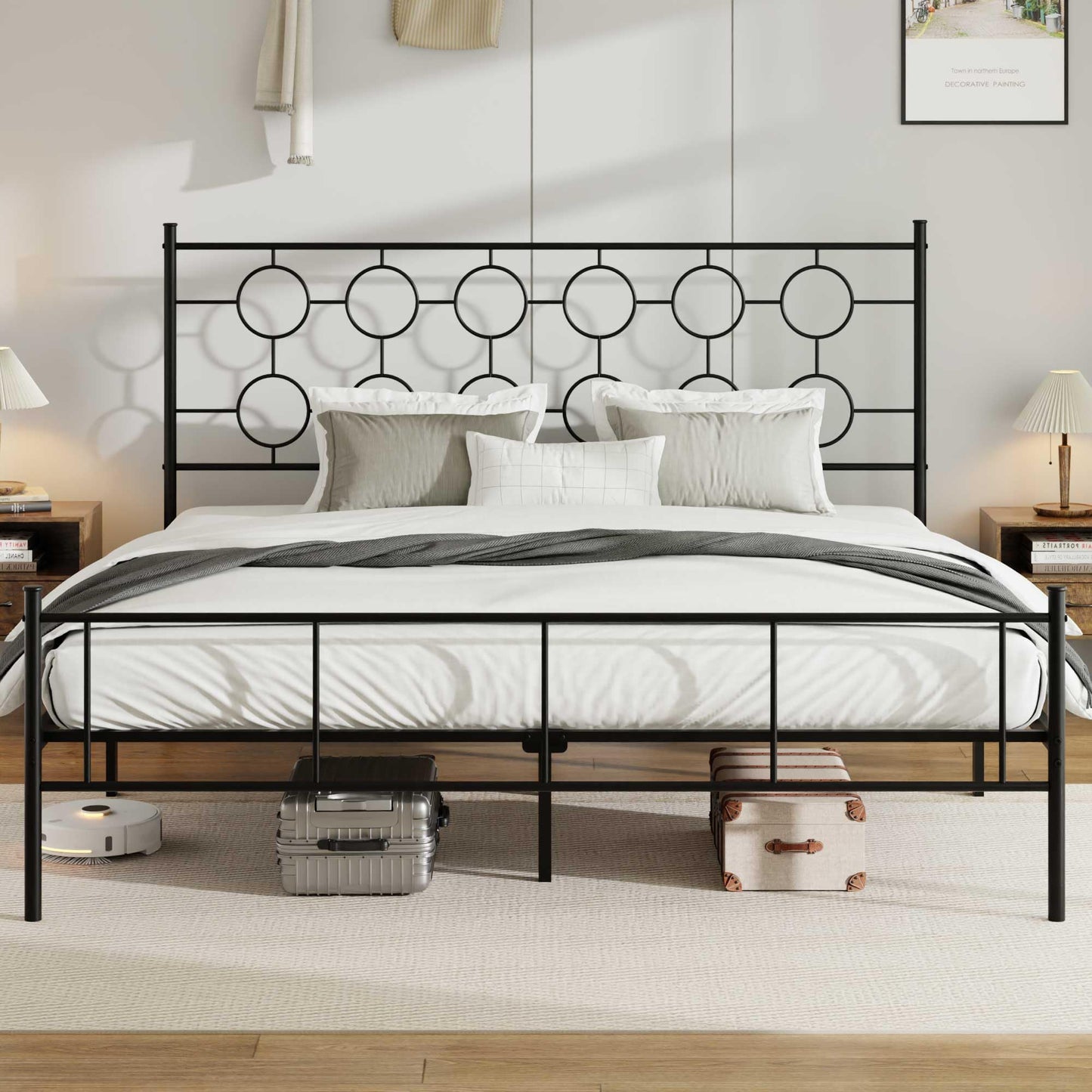 King Size Classic Metal Platform Bed Frame with Headboard and Footboard, Victorian Style Iron Bedframe with 12 inch of Storage Under Frame, Slat Support, No Springs Required, Easy to Assemble (Black)