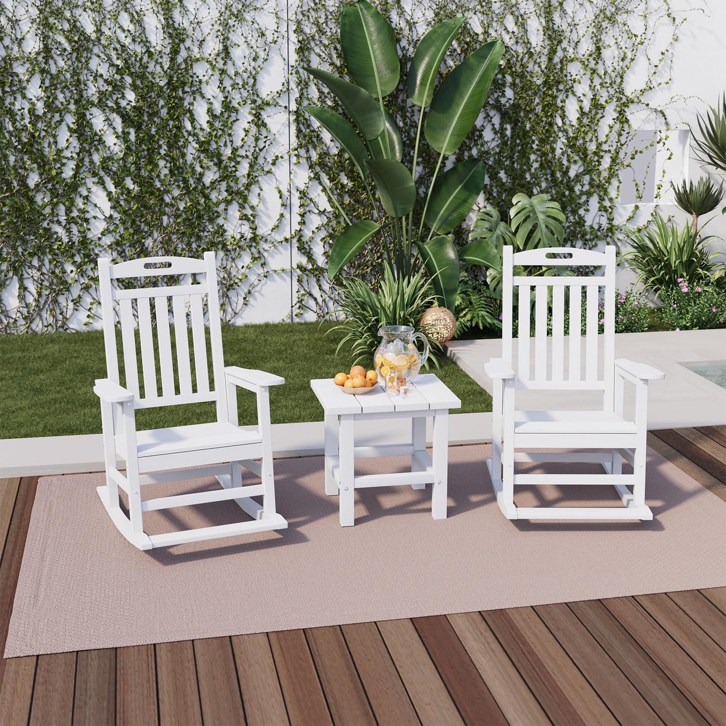 PLUUV Outdoor Rocking Chair, HDPE Patio Rocking Chairs with Footboard, All Weather Porch Rockers Outdoor for Adult, Effortless Installation, White