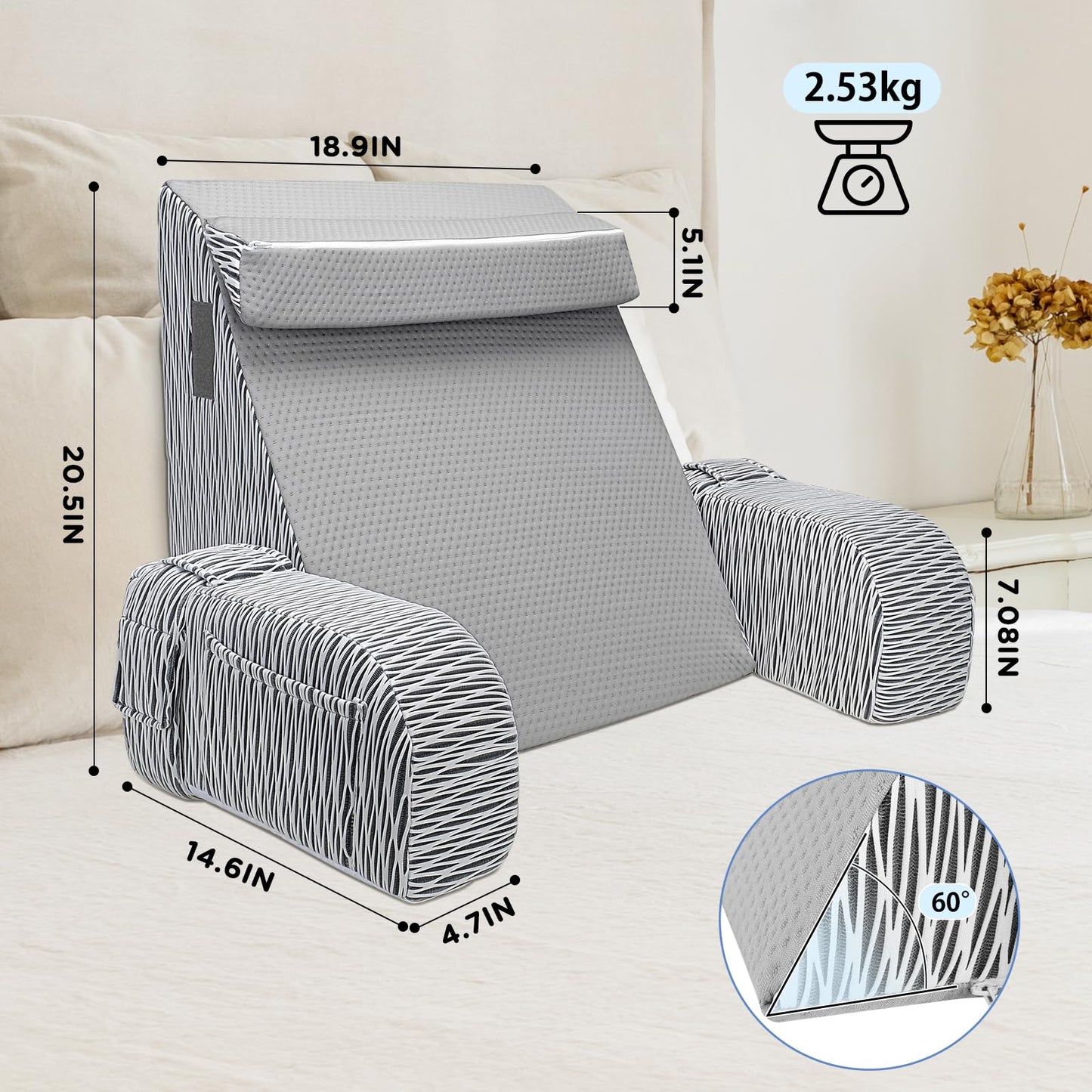 DREAMANIA Reading Pillow for Sitting in Bed Adult - Back Pillow for Bed Sitting up, Backrest Support Pillow for Lounging/Reading/Gaming/Resting/Watching TV, Bedrest, Stripe
