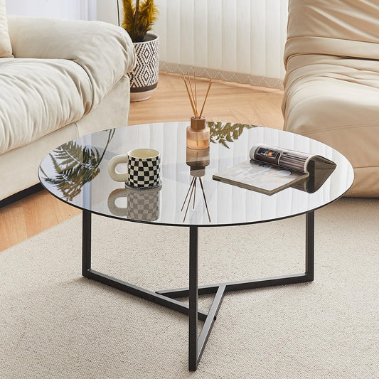 CLIPOP Small Round Coffee Table, Tempered Glass Coffee Table with Triangle Structure Metal Frame, Adjustable Feet Padded, Modern Coffee Table for Living Room, Small Space, Black