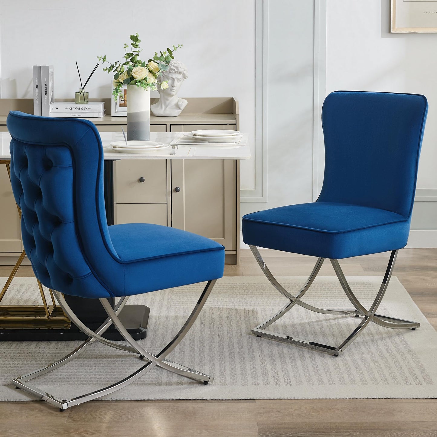 Luxury Velvet Dining Chairs, Tufted Upholstered Armless Accent Chairs with Silver Metal X-Legs, Modern Glam Dining Room Chair Set of 2, Navy