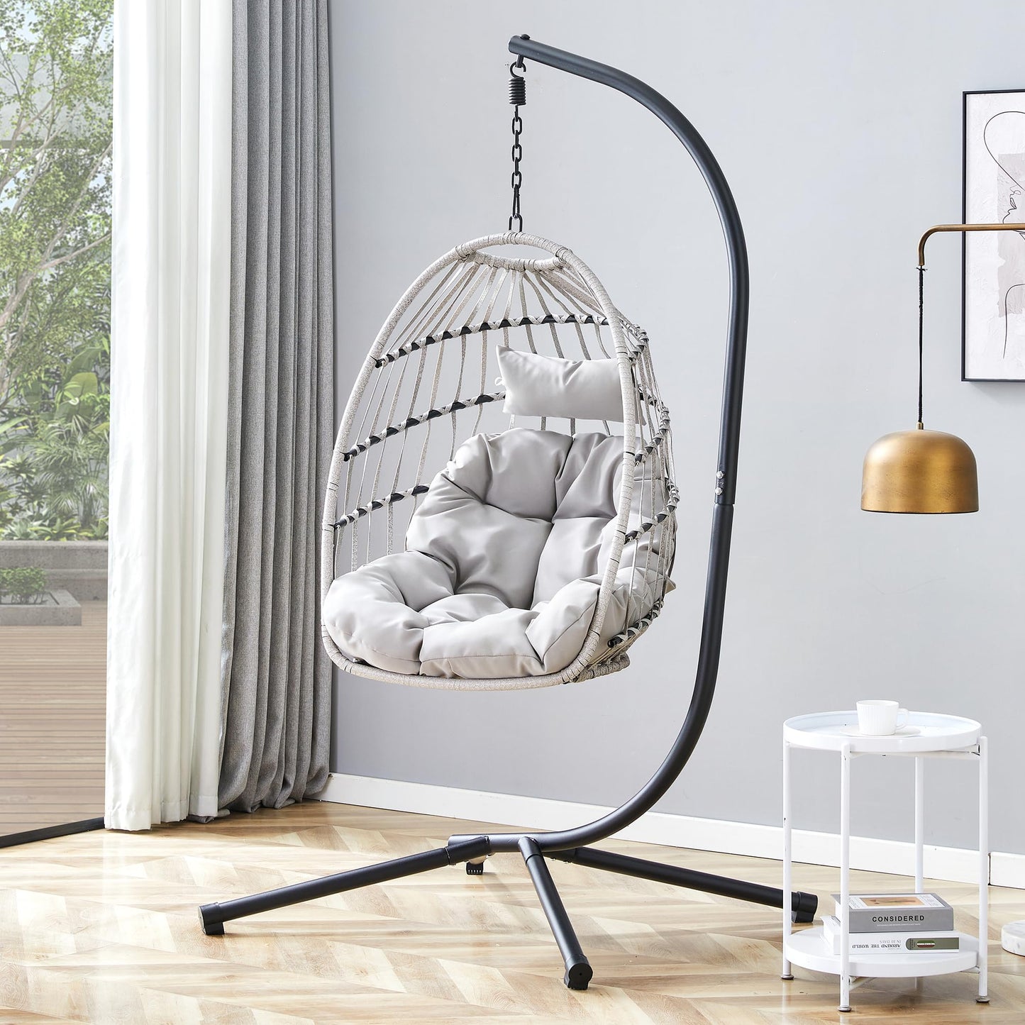 Swing Egg Chair with Stand, Outdoor Hanging Chair with Cushion and Headrest, Rattan Egg Chair for Backyard, Balcony, Indoor, 300lbs Capacity, Grey