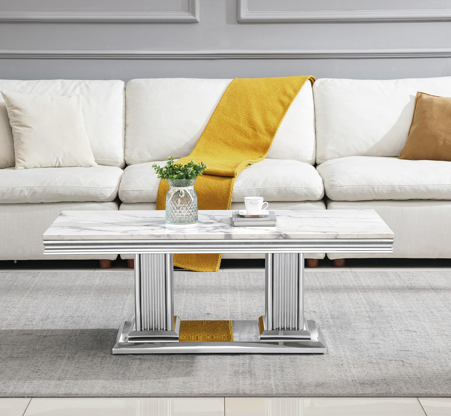 SSLine Modern 1 Piece Living Room Coffee Table Luxury Faux Marble Coffee Table with II-Shape Stainless Steel Base for Living Room Bedroom Home Office, Only 1 Coffee Table,White Marble& Silver