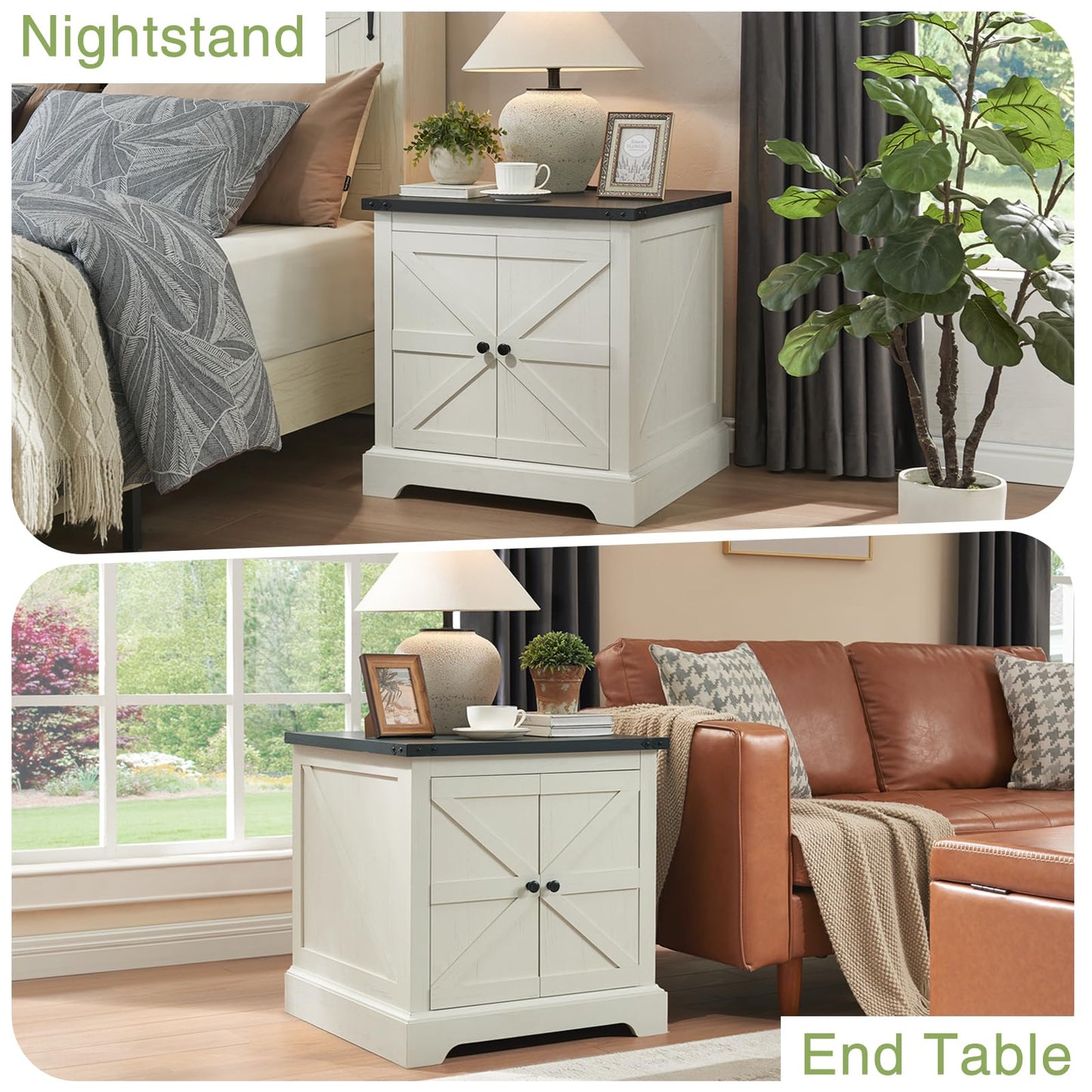 QUW 24" End Table Set of 2 with Charging Station, Side Table with Barn Door and Adjustable Shelves, Farmhouse Bedside Table, Nightstand for Bedroom, Living Room, White