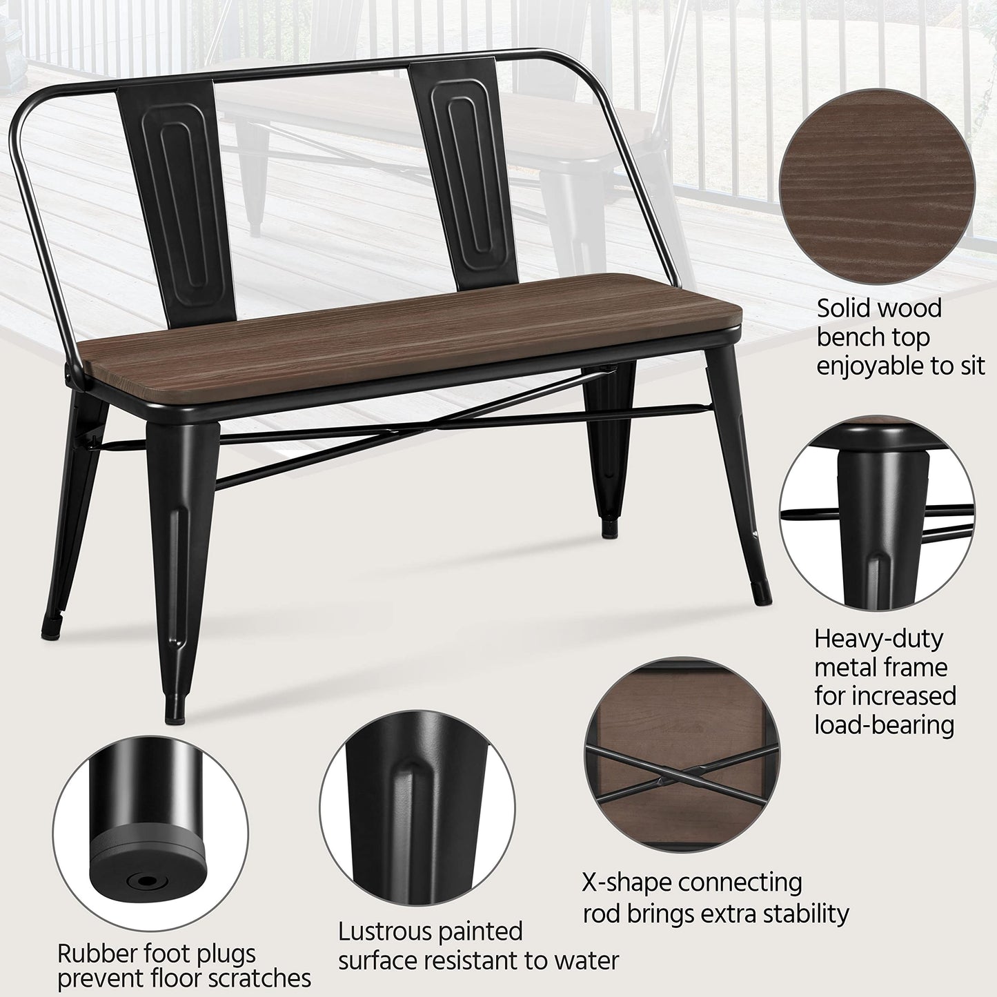Yaheetech Industrial Metal Dining Bench Mid-Century Farmhouse Bench with Wooden Top Seat and Removable Backrest for Kitchen/Garden, Black