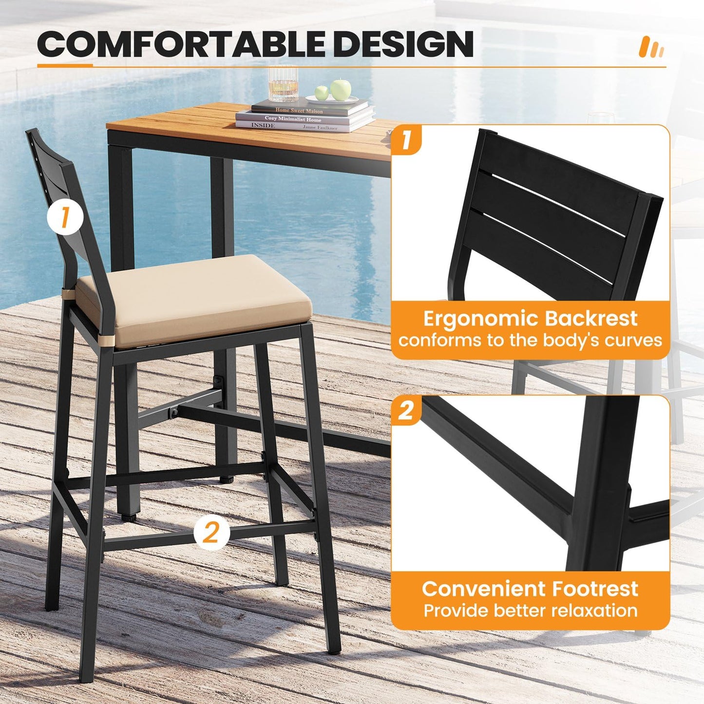 Crestlive Products Outdoor Bar Stools Set of 2, Patio Counter Height Barstools with Cushions, Tall Chairs with Back and Footrest for Deck, Lawn, Garden, Backyard, Poolside, Or Indoor Use (Beige)
